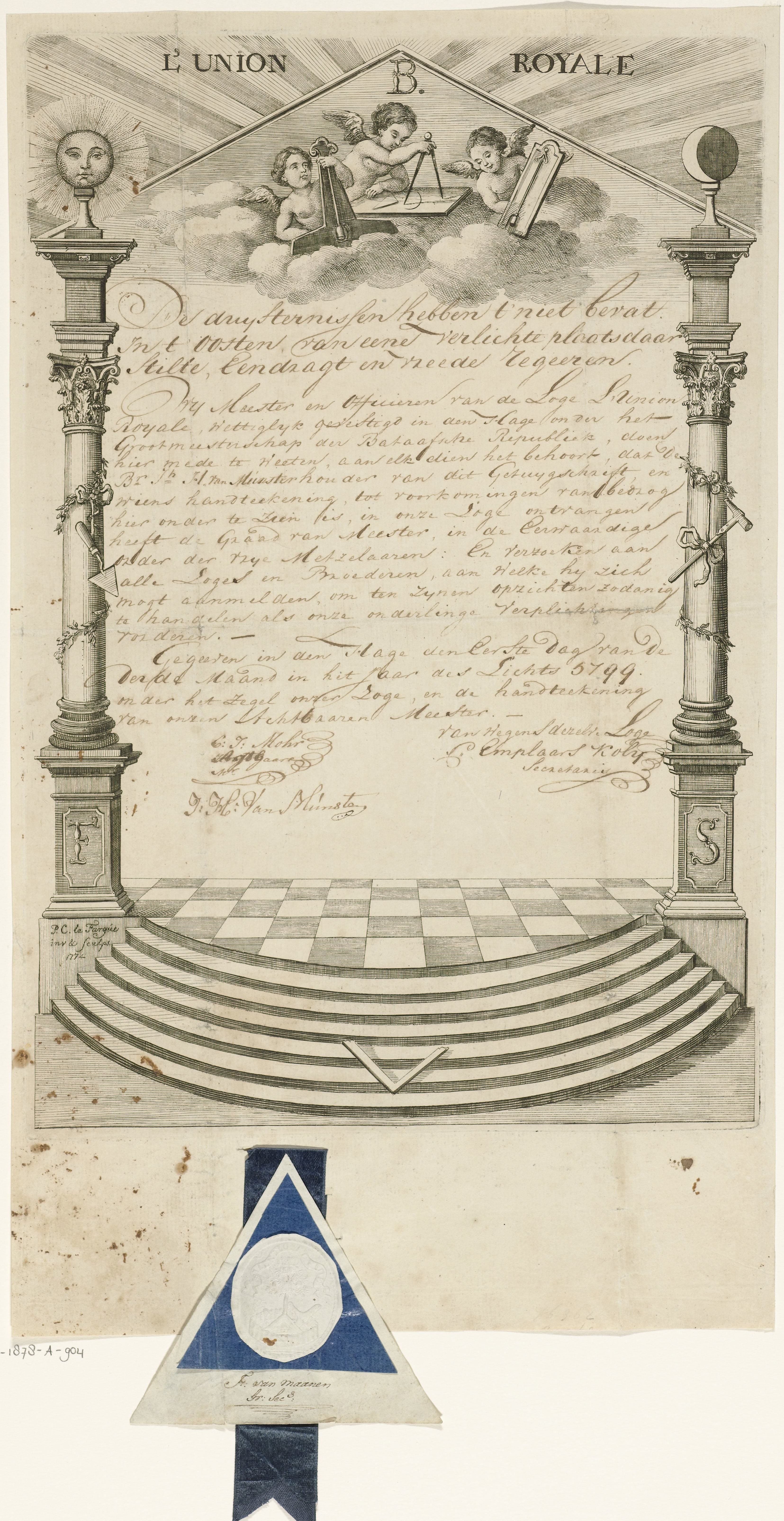 Diploma van de Vrijmetselaarsloge "l'Union Royale" te Den Haag
