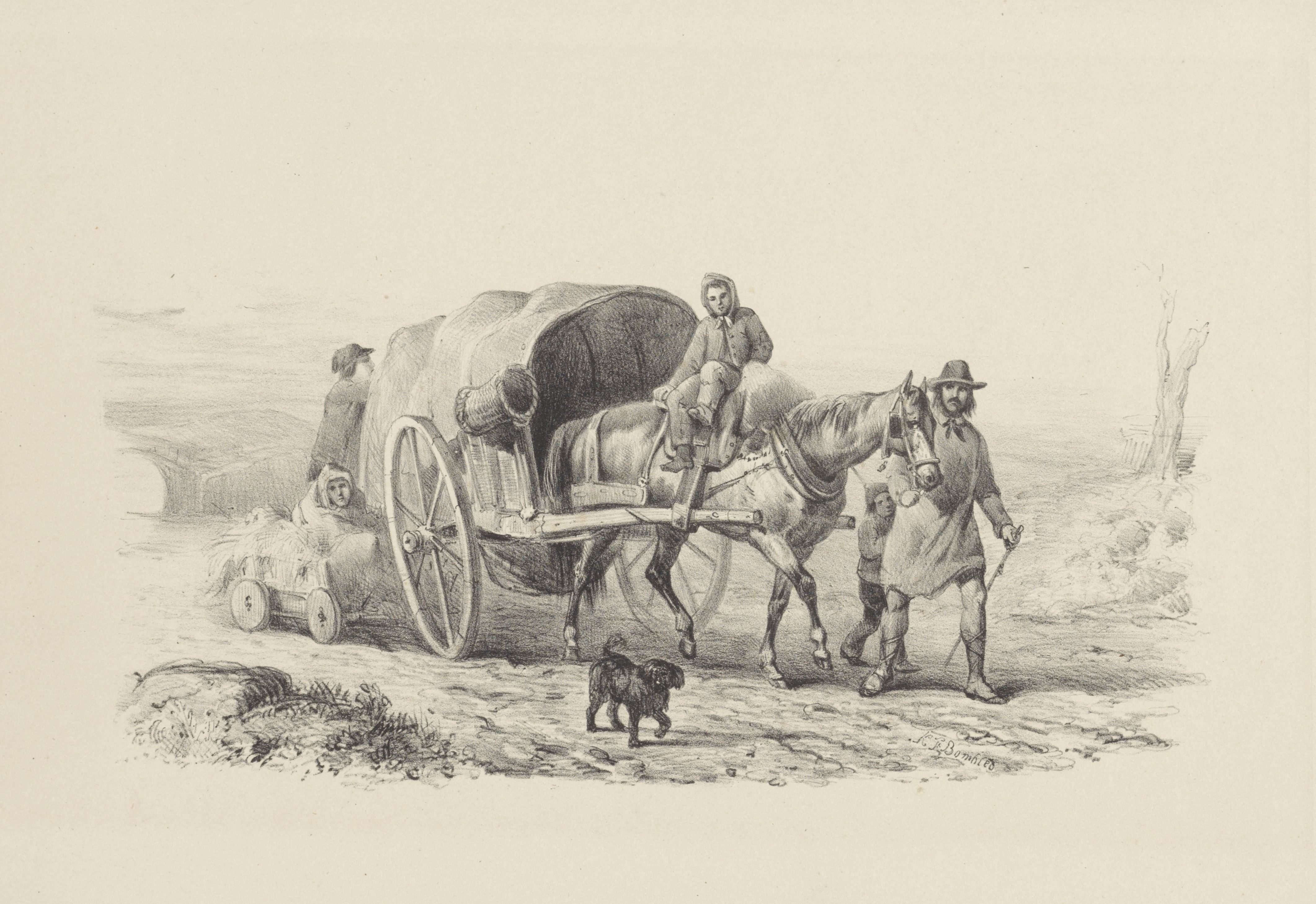 Huifkar met familie onderweg