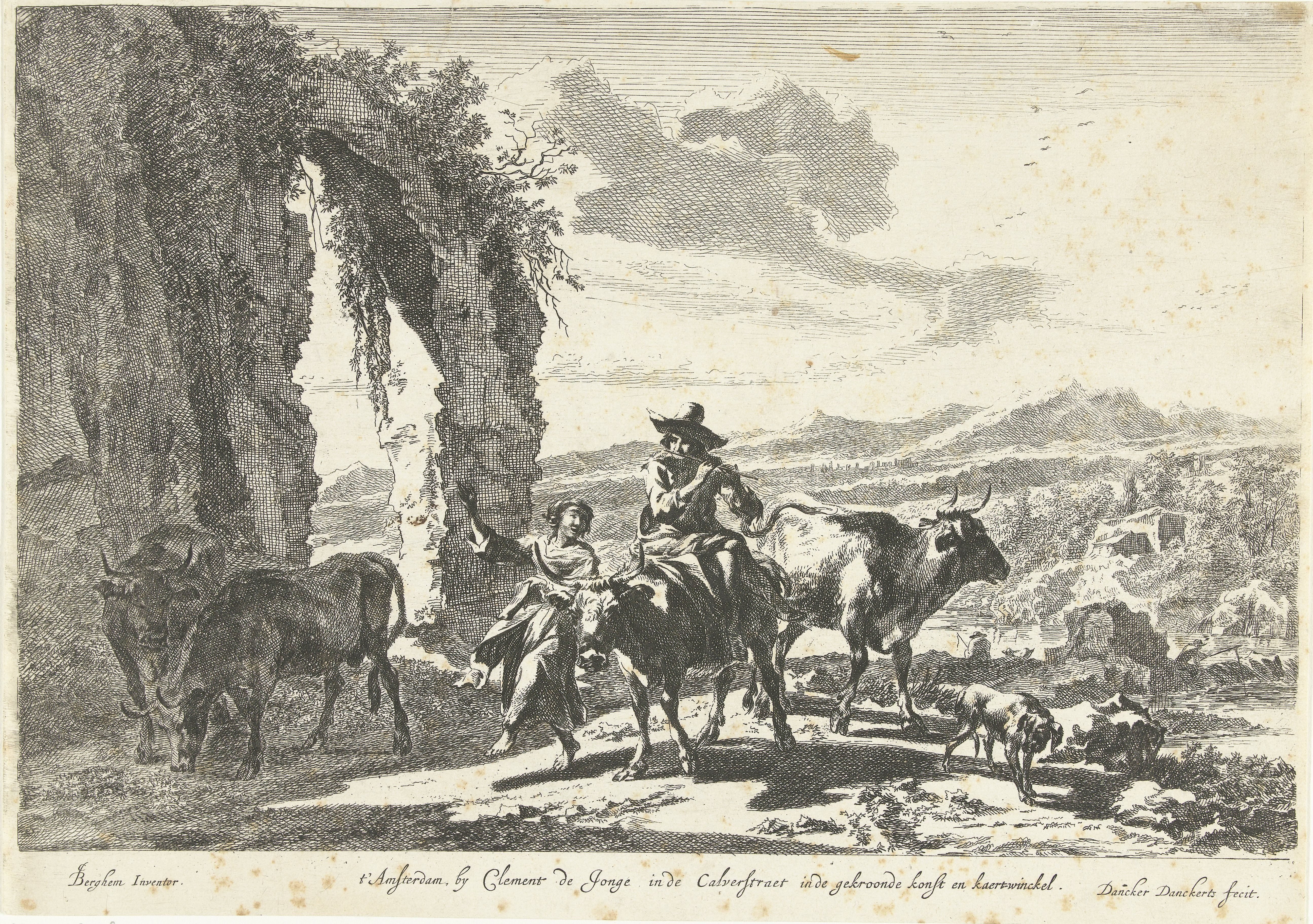 Herders met vee bij ruïne in berglandschap
