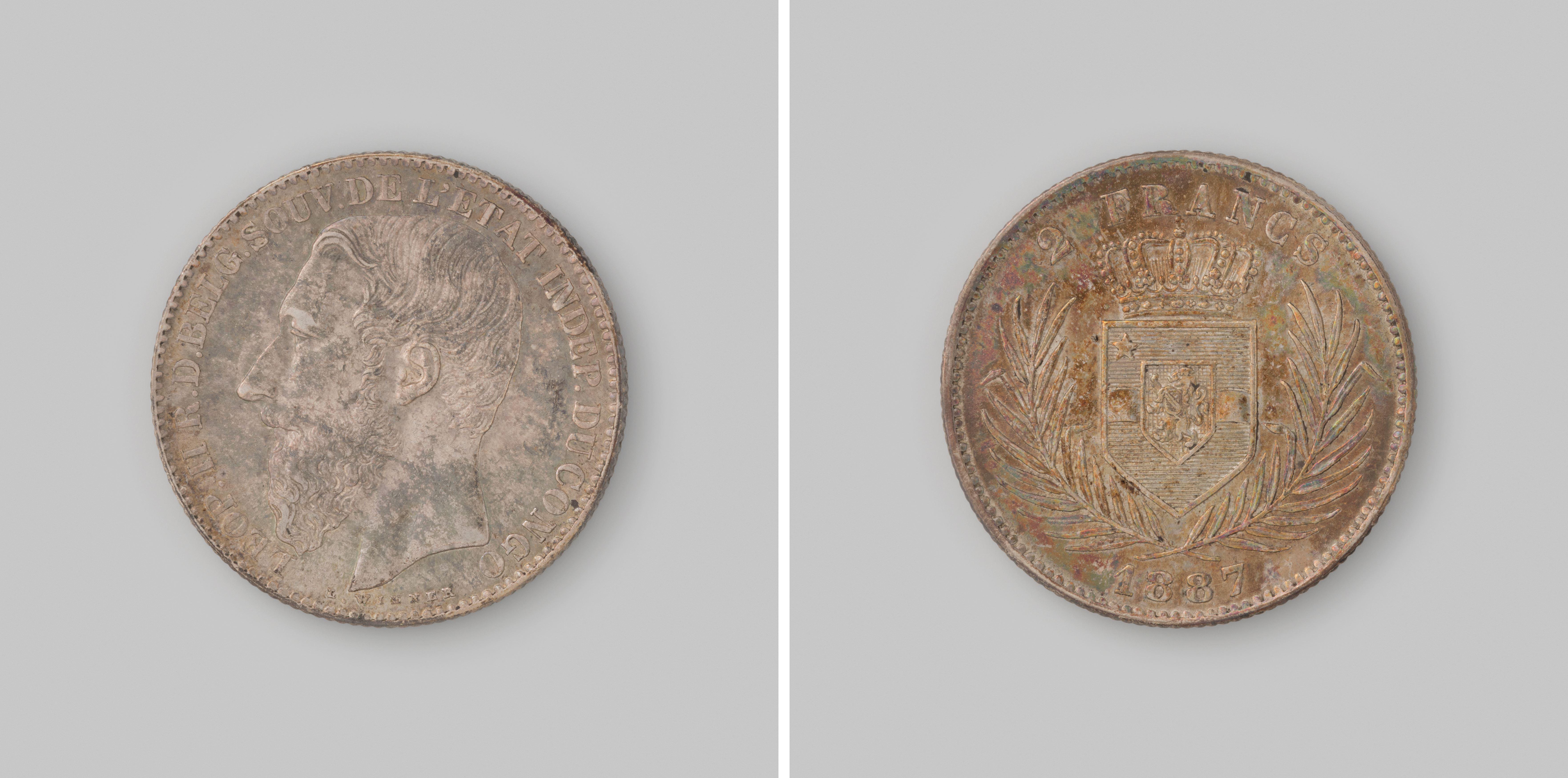 2 francs uit Congo Vrijstaat van de Belgische koning Leopold II als soeverein, 1887
