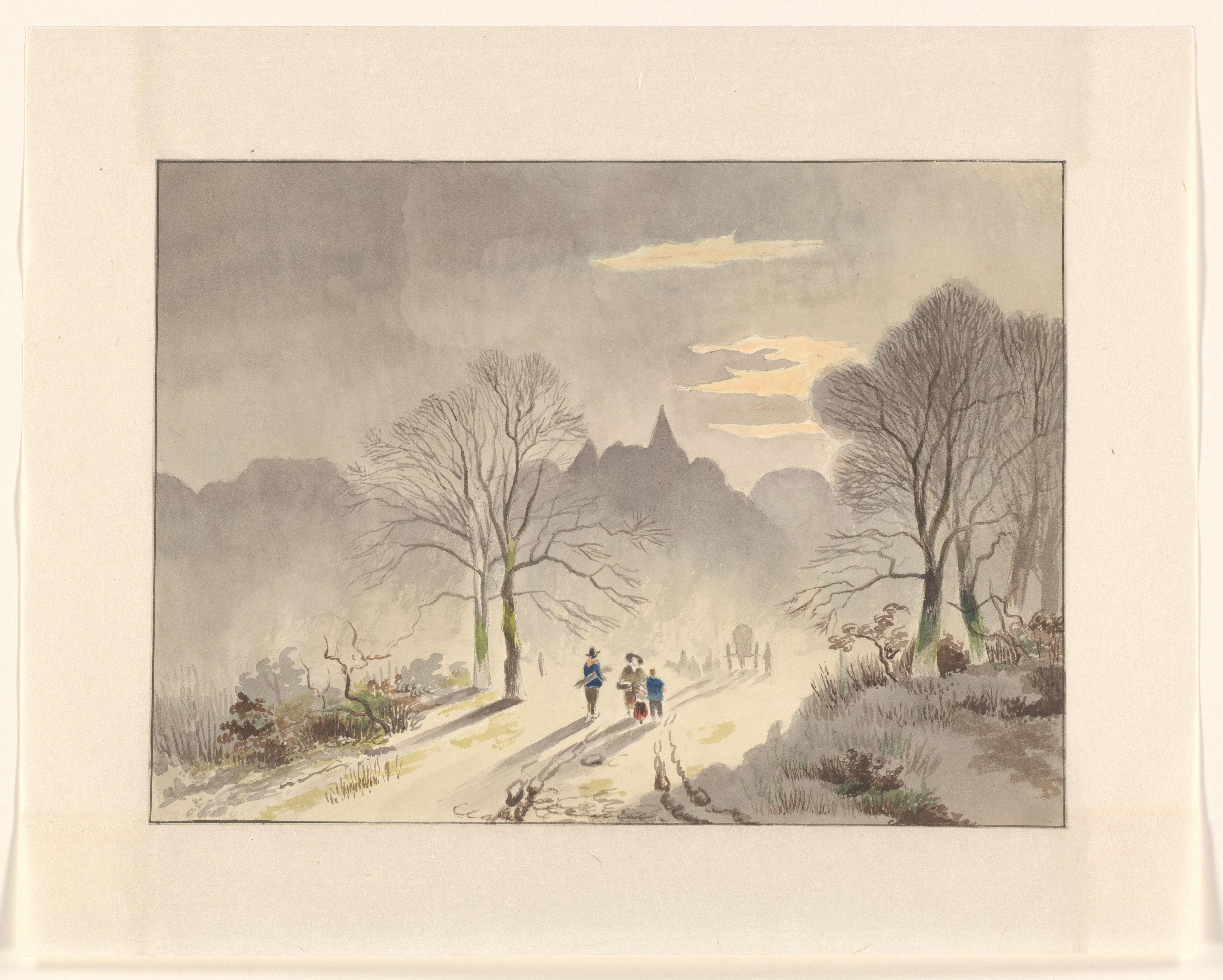Figuren op een landweg in een winterlandschap