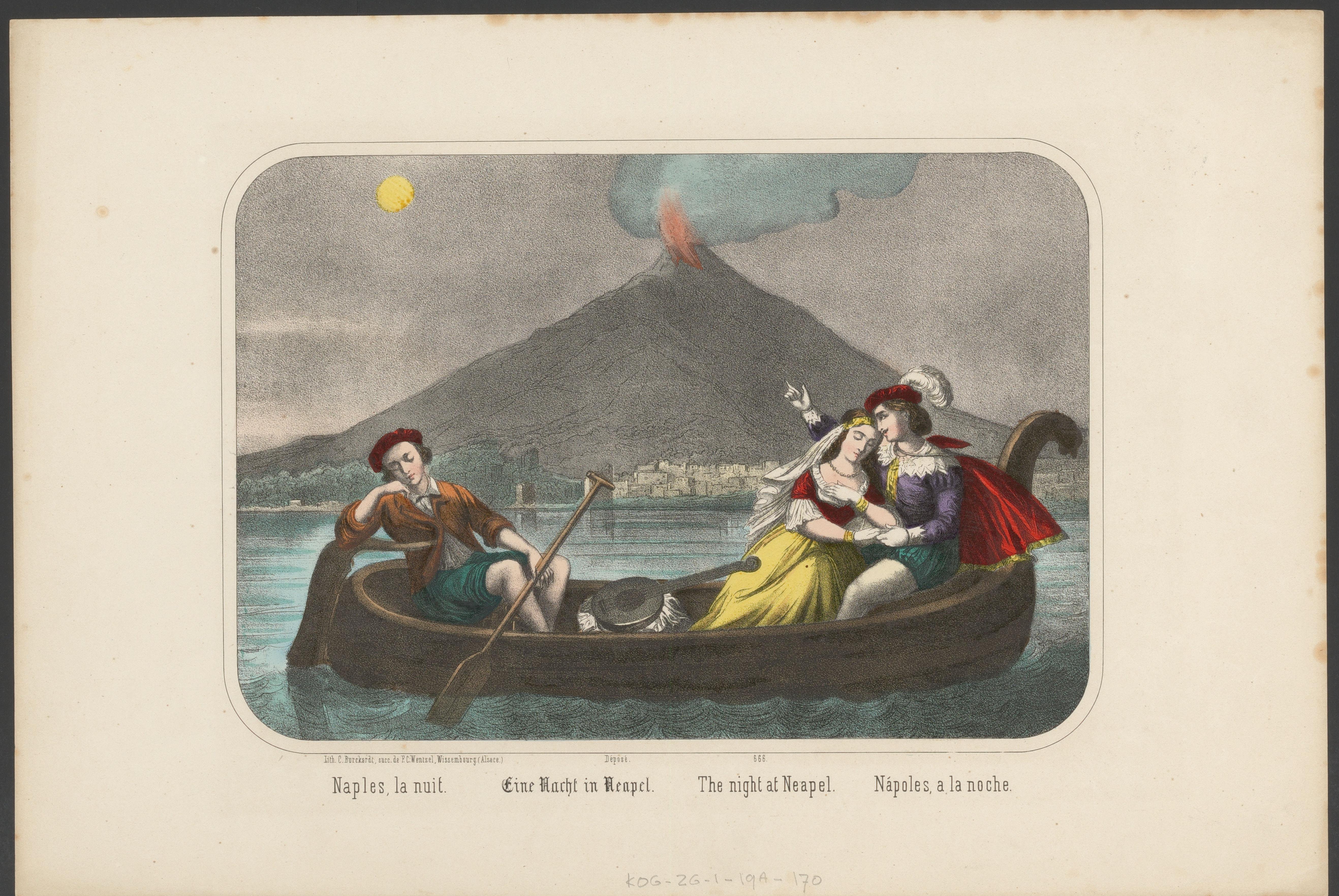 Drie personen in een boot voor de Vesuvius