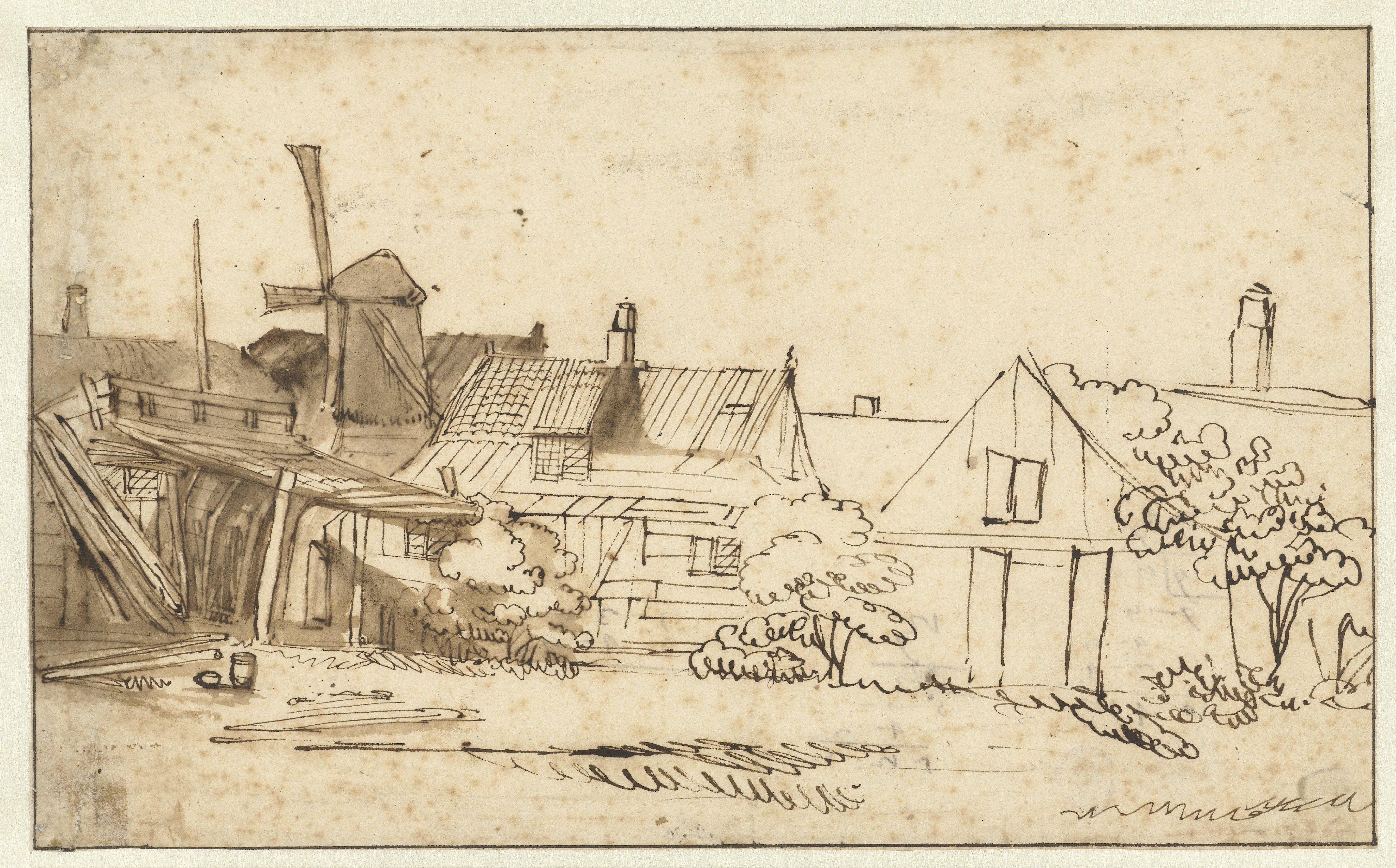 Gezicht op een boerenwoning met een molen