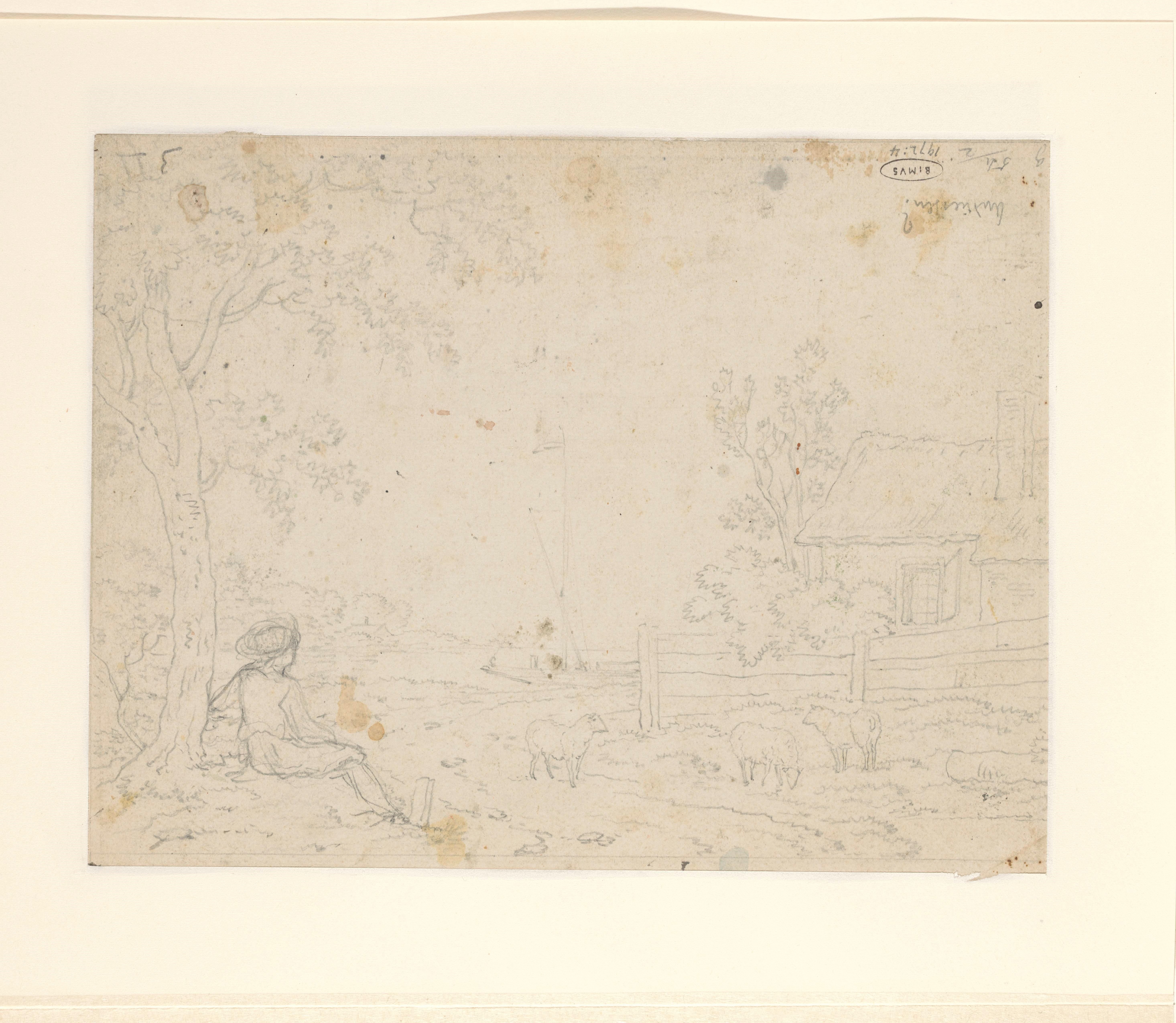 Schets van een landschap met herdersjongen onder boom