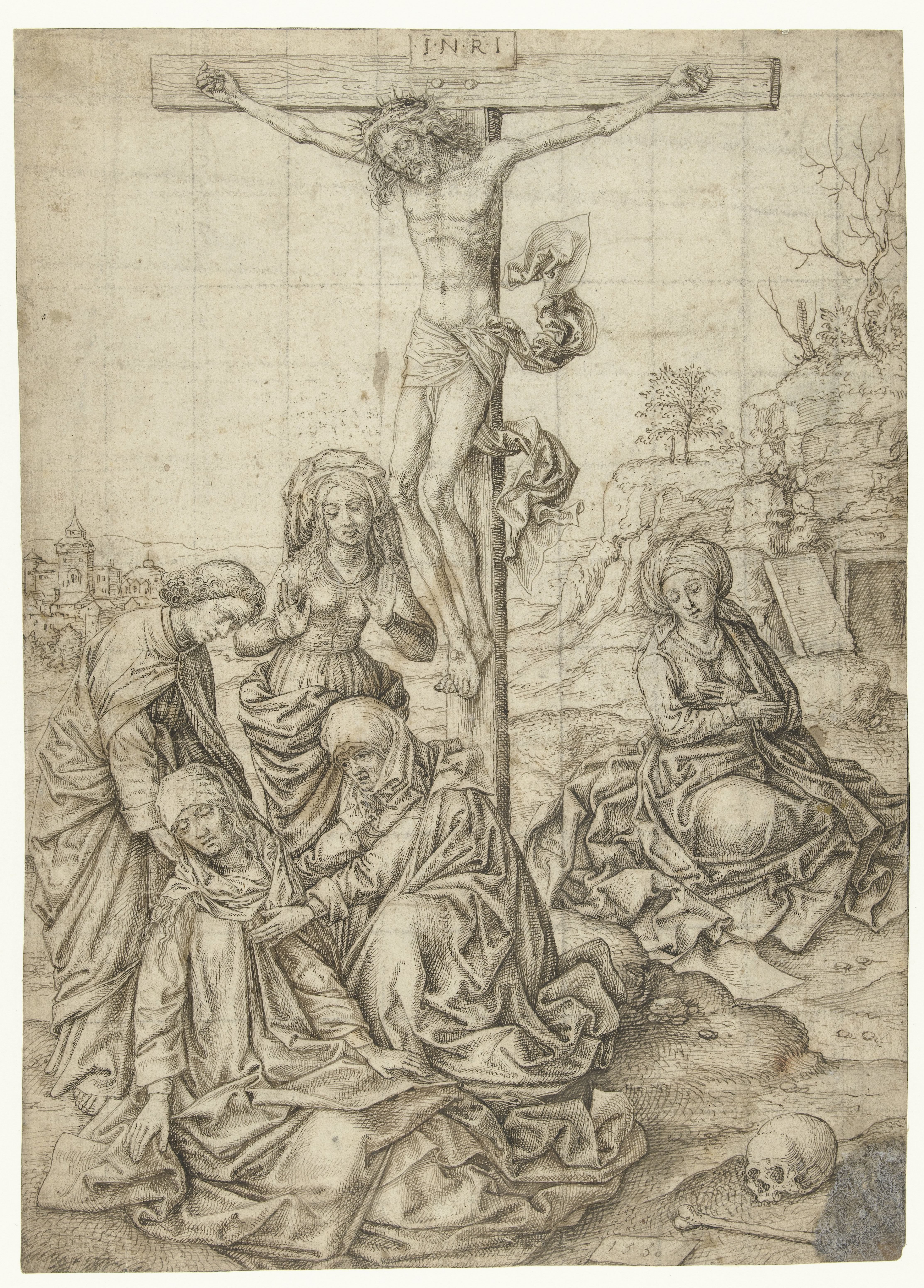 Christus aan het kruis met Johannes, de drie Maria's en Maria Magdalena onder het kruis