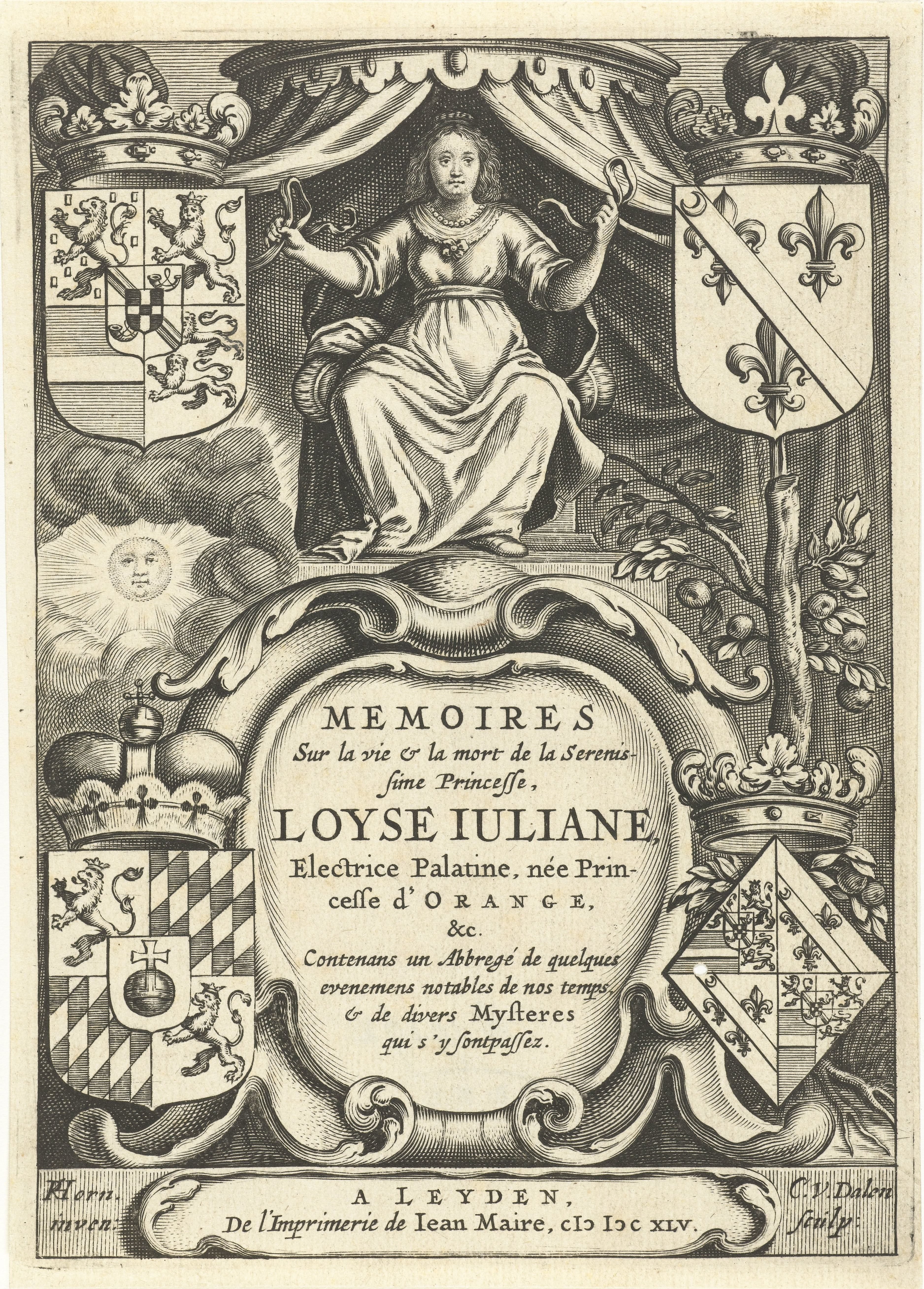 Louise Juliana van Oranje-Nassau tronend onder baldakijn boven cartouche met titel, in vier hoeken familiewapens en sinaasappelboom