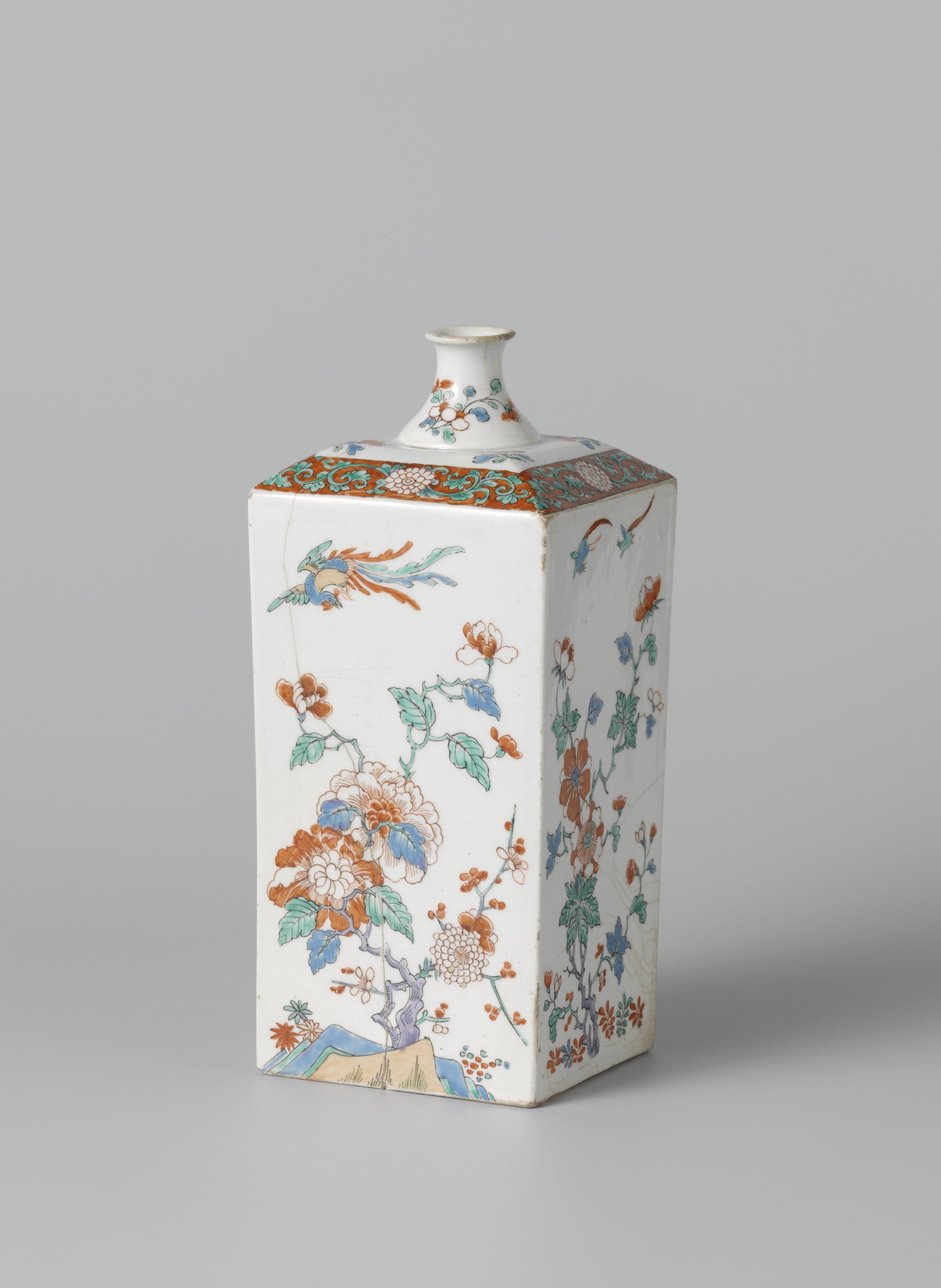 Square bottle with flowering plants and birds
