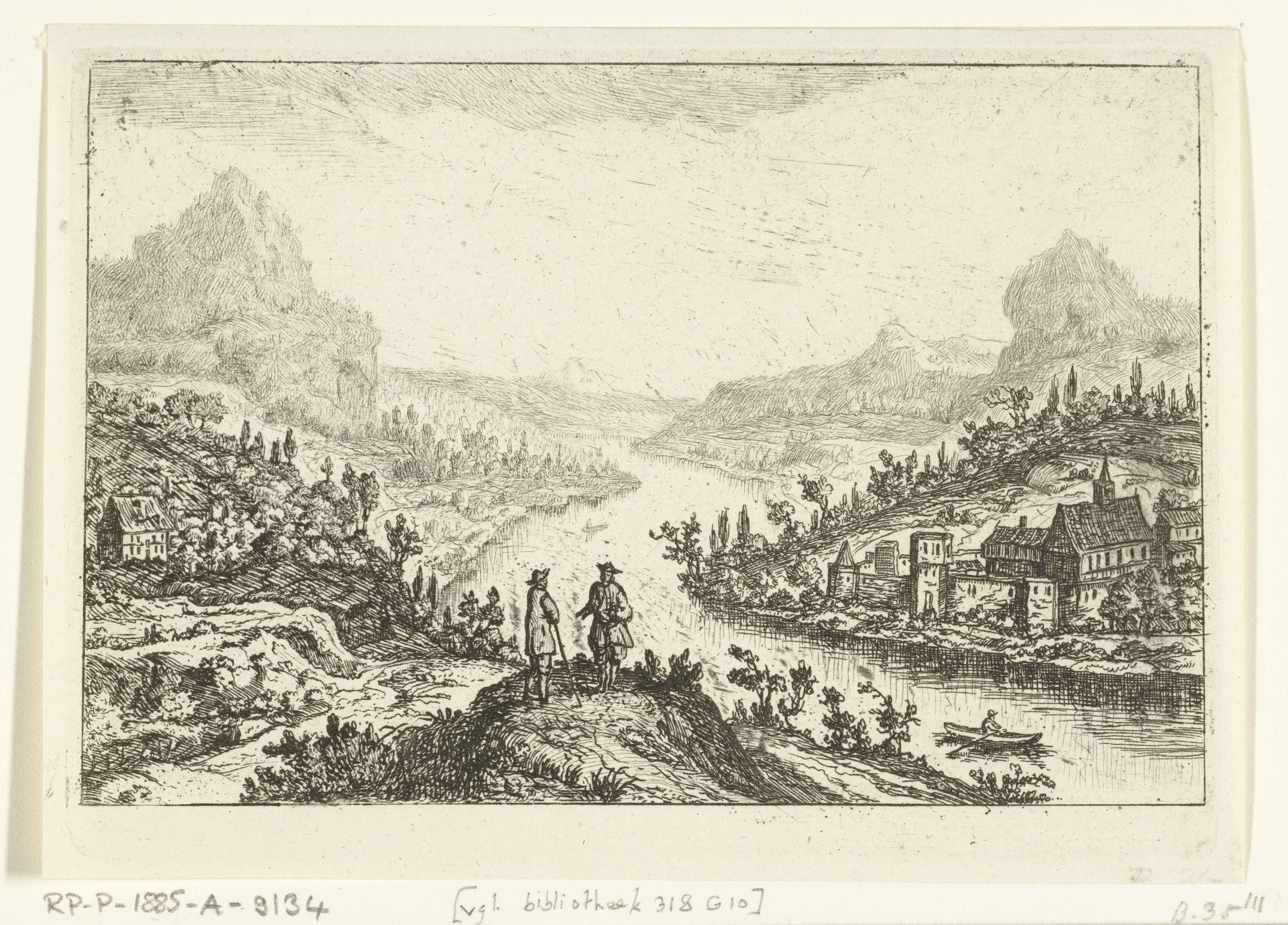 Rivierlandschap met twee mannen op een heuvel