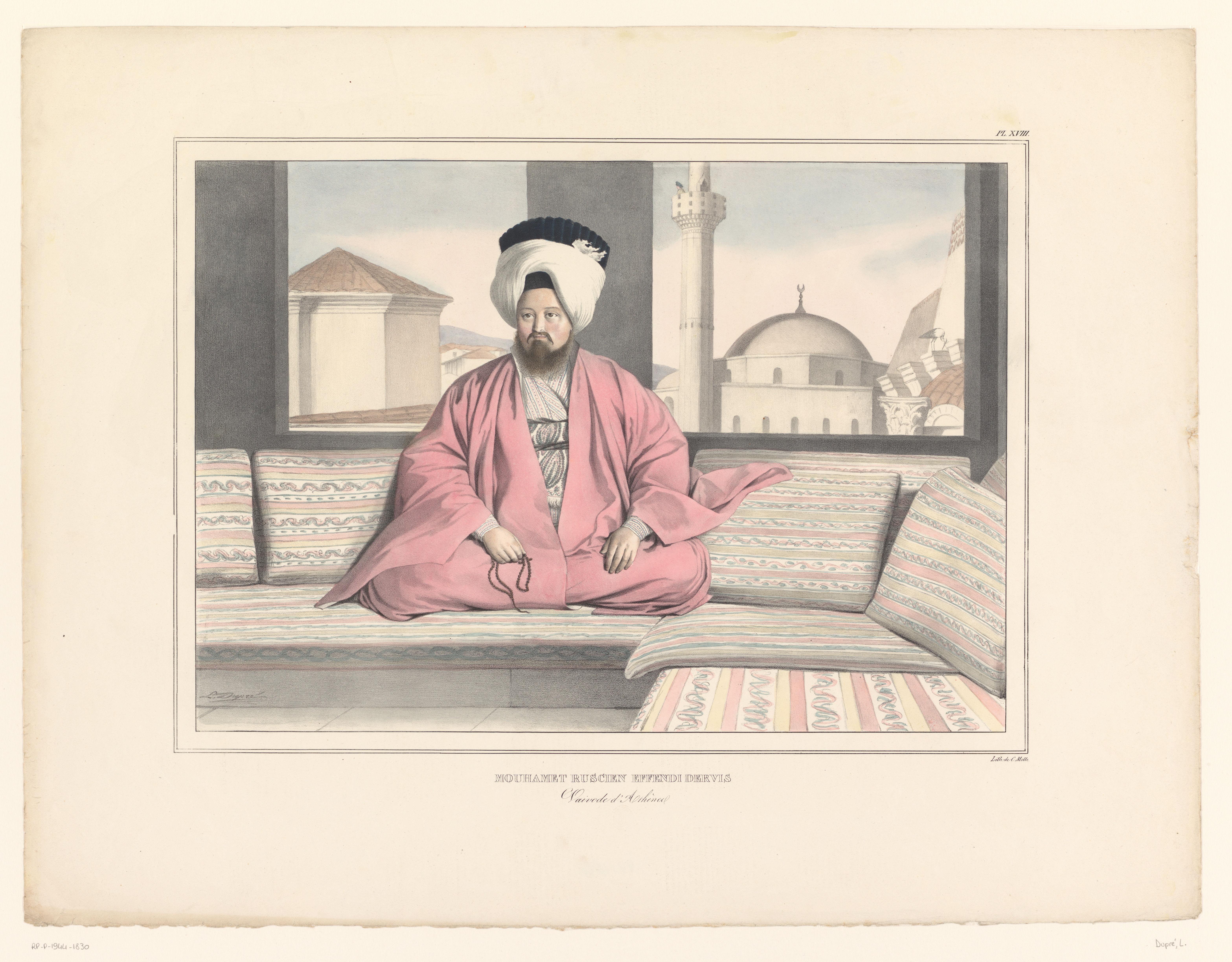 Portret van gouveneur Mouhamet Ruscien Effendi Dervis zittend op een bank voor een raam