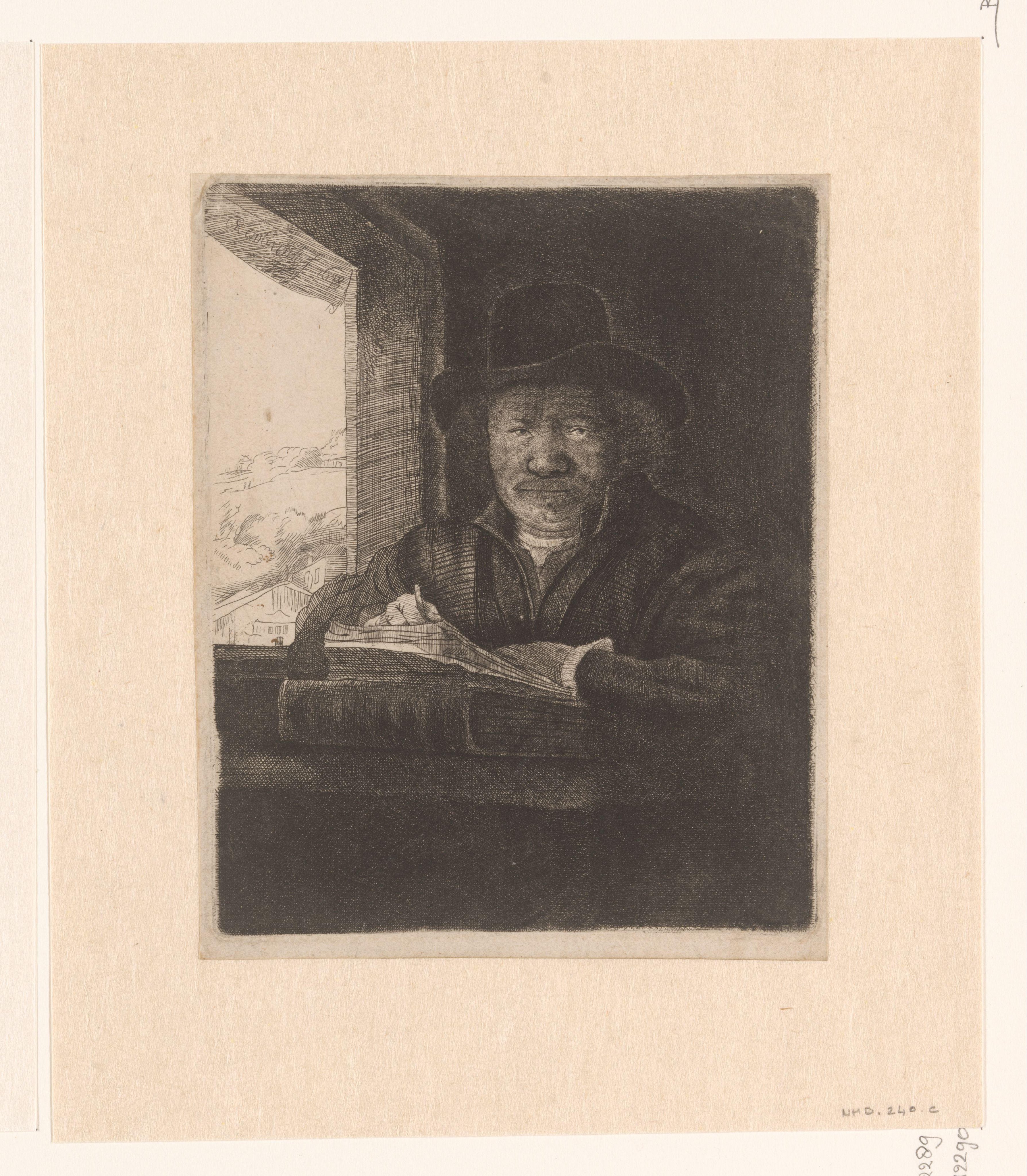 Self-portrait etching at a window