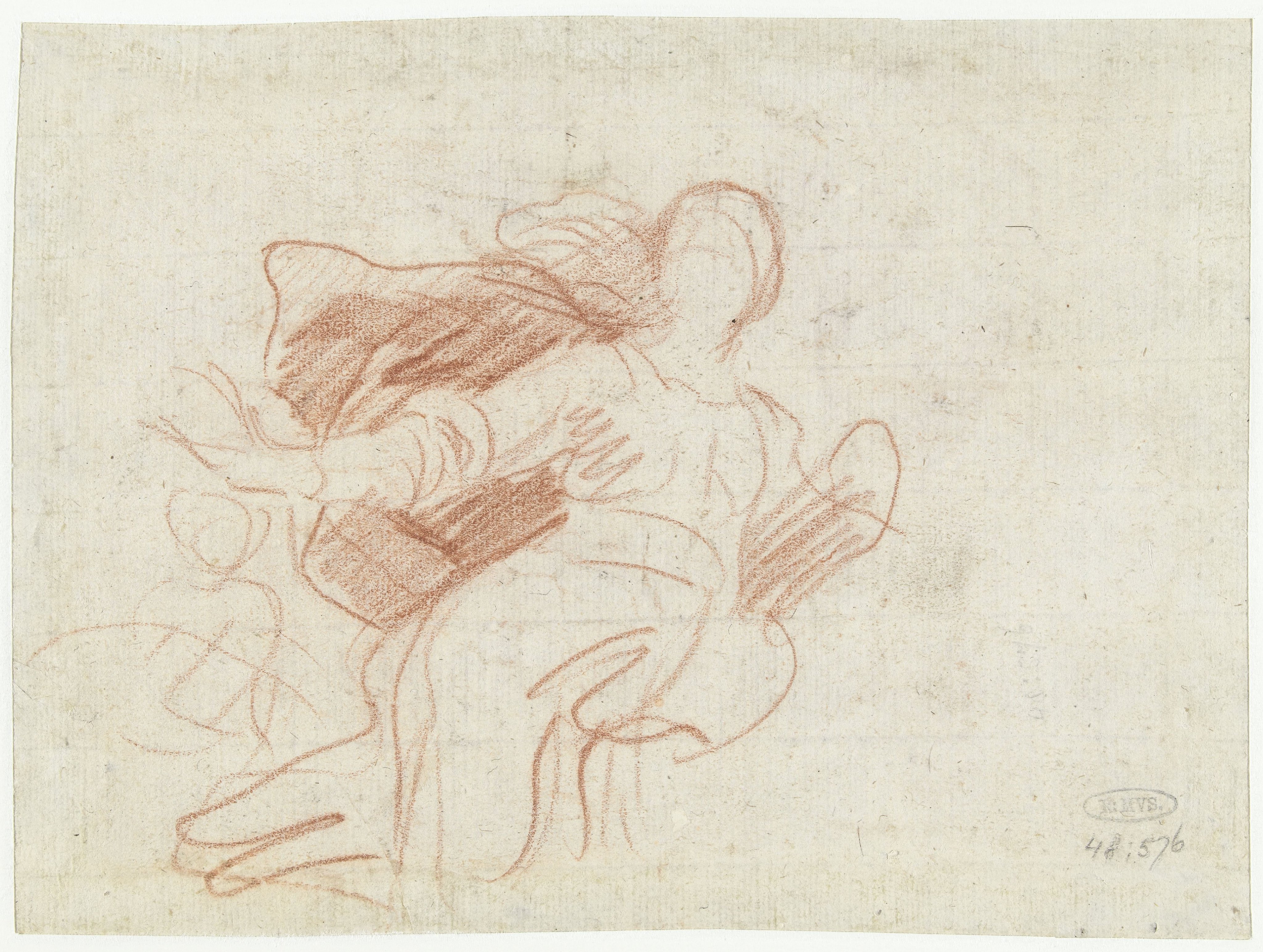 Studie voor een zwevende vrouwenfiguur met een wijde mantel