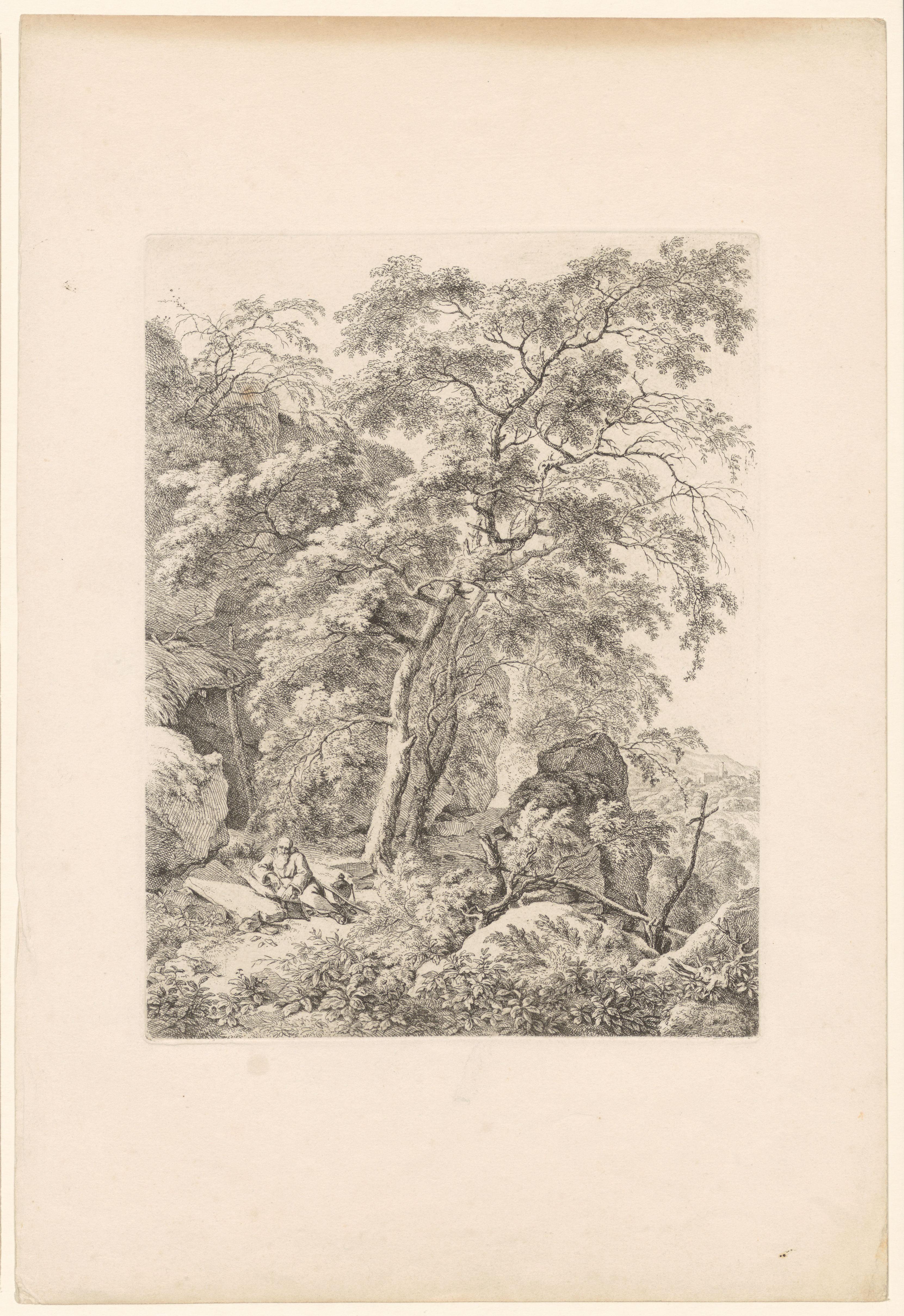 Landschap met kluizenaar rustend bij een grote boom
