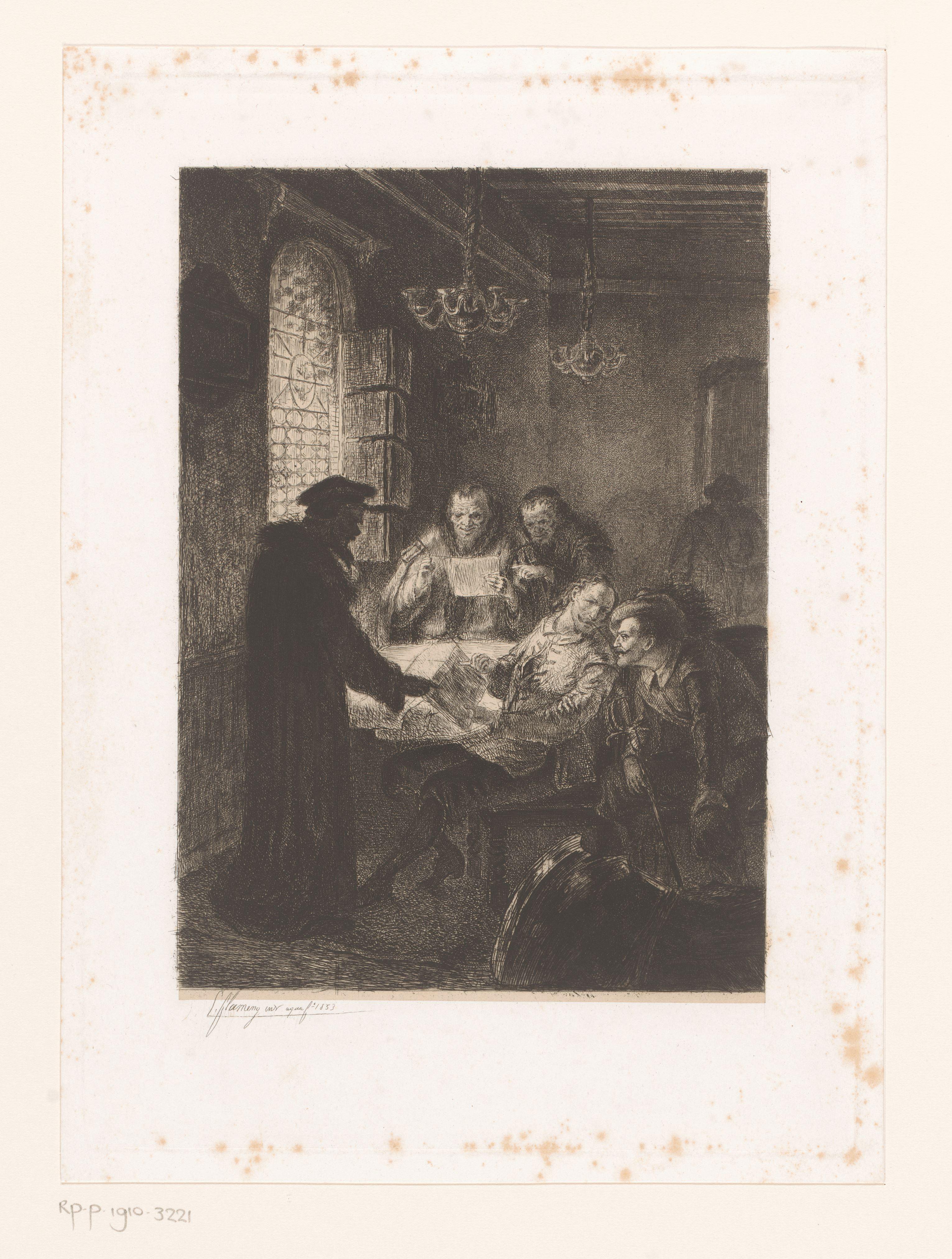Groep in renaissance kledij rond een tafel bestuderen brieven