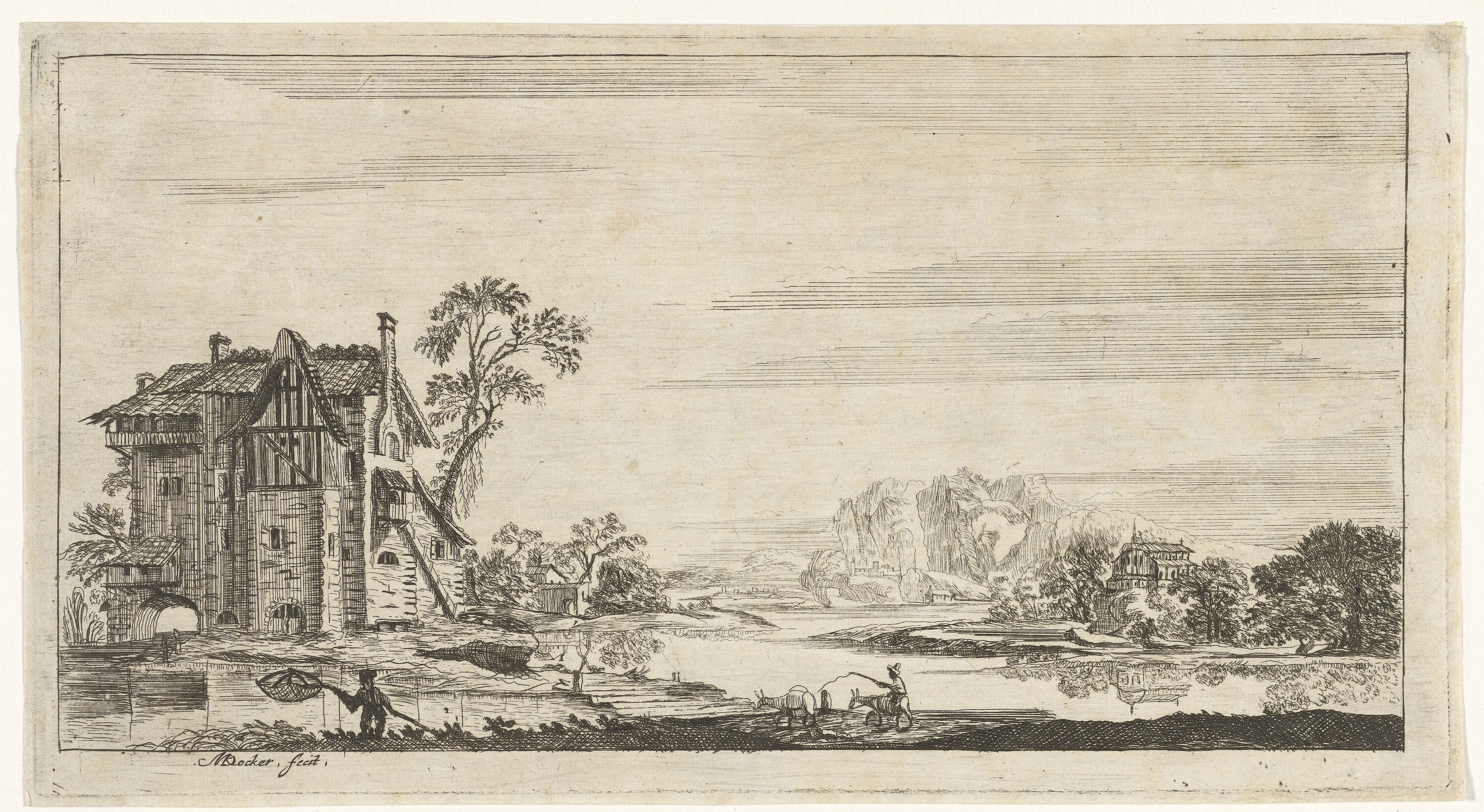Landschap met een ezel en een visser op de voorgrond