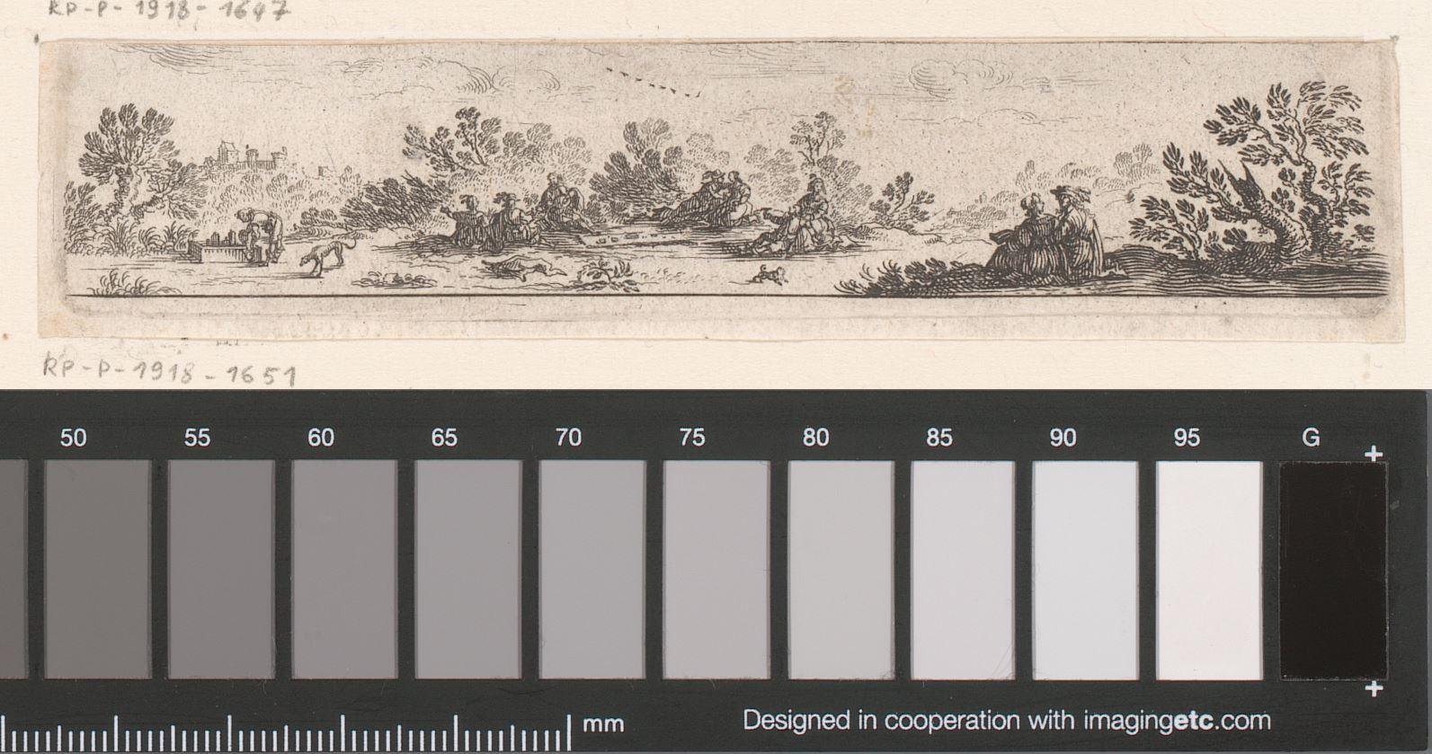Vignet met rustende figuren in een landschap