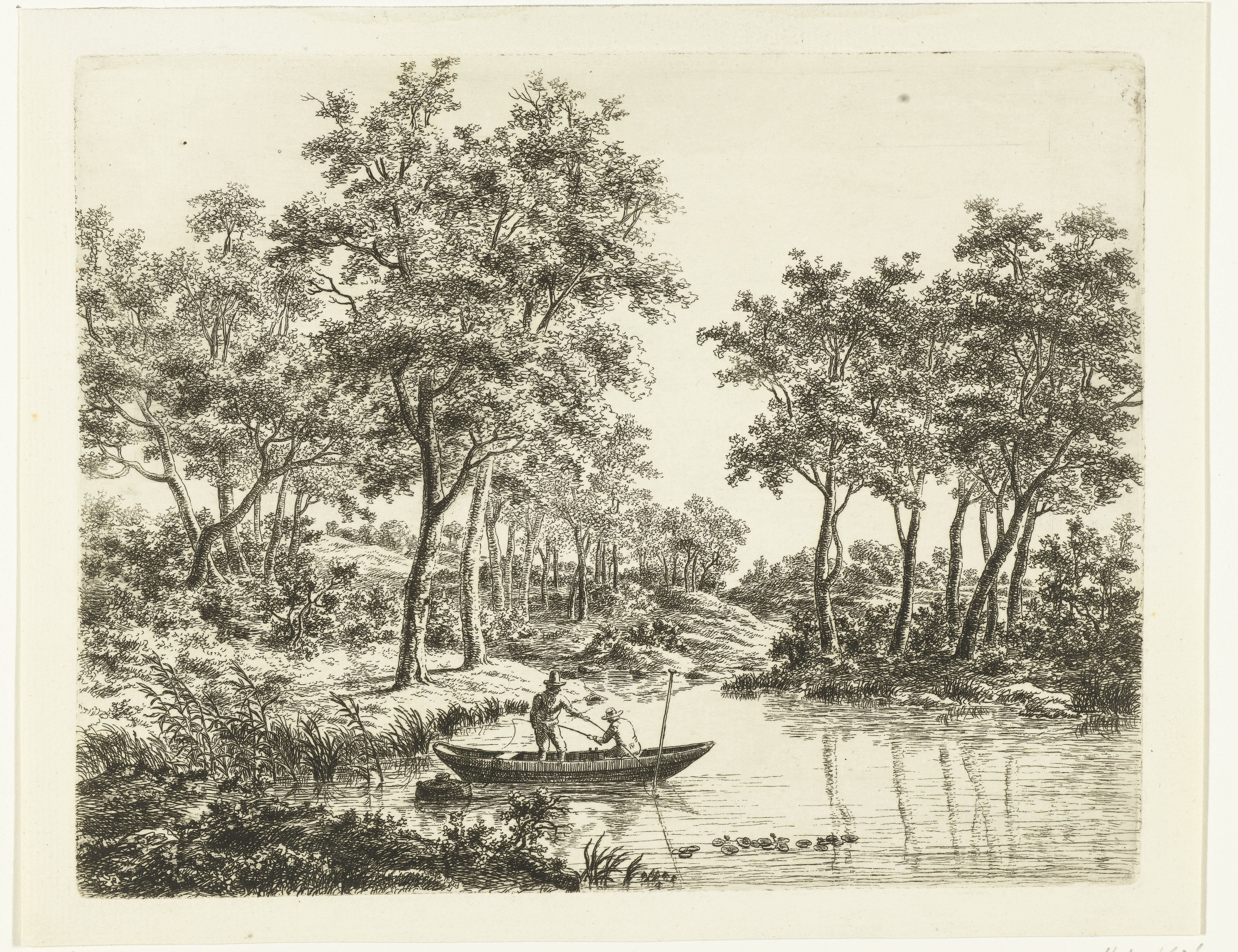 Landschap met twee hengelende vissers in een boot op een vijver