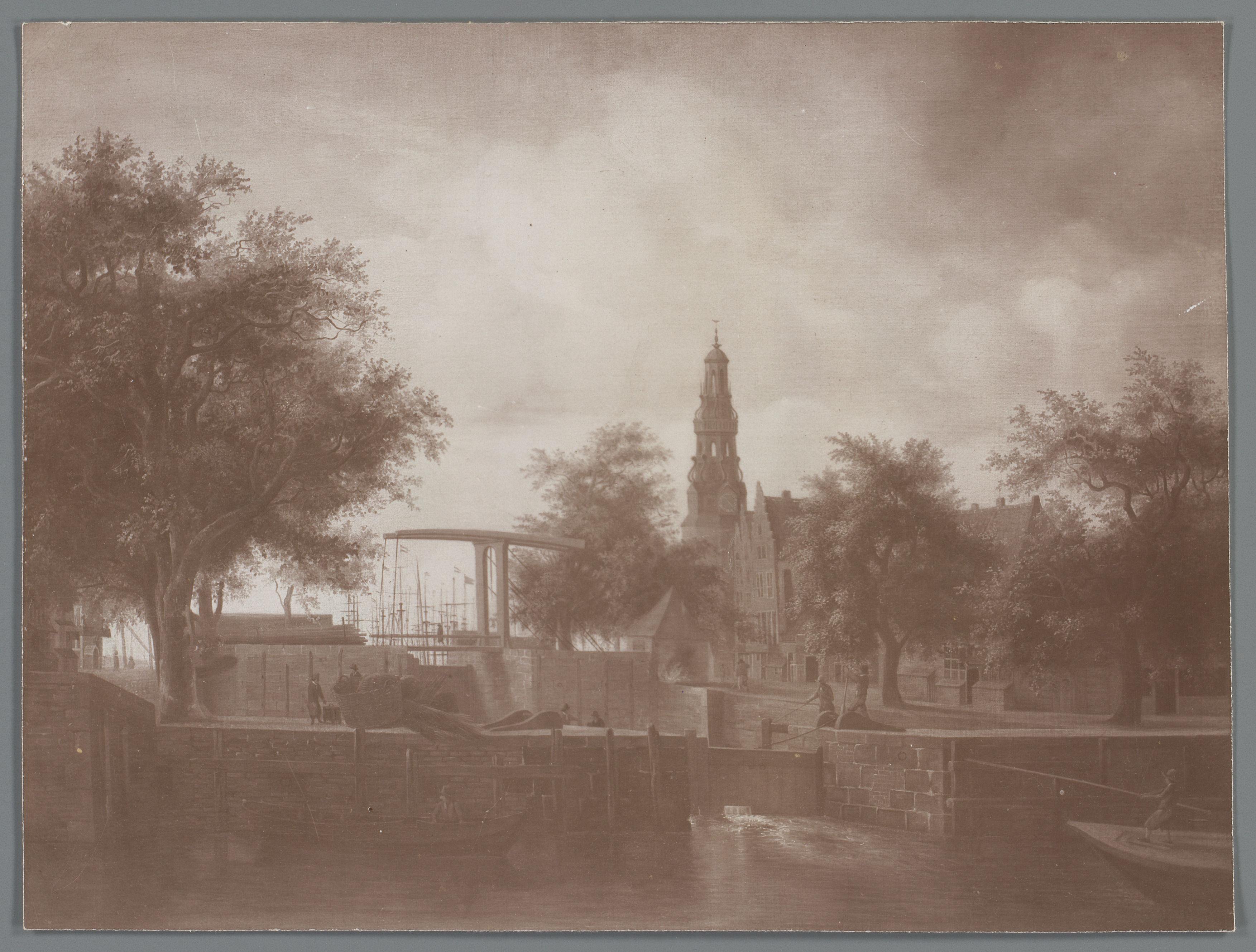 Fotoreproductie van schilderij Gezicht op de Haarlemmersluis en Haringpakkerstoren, naar Meindert Hobbema