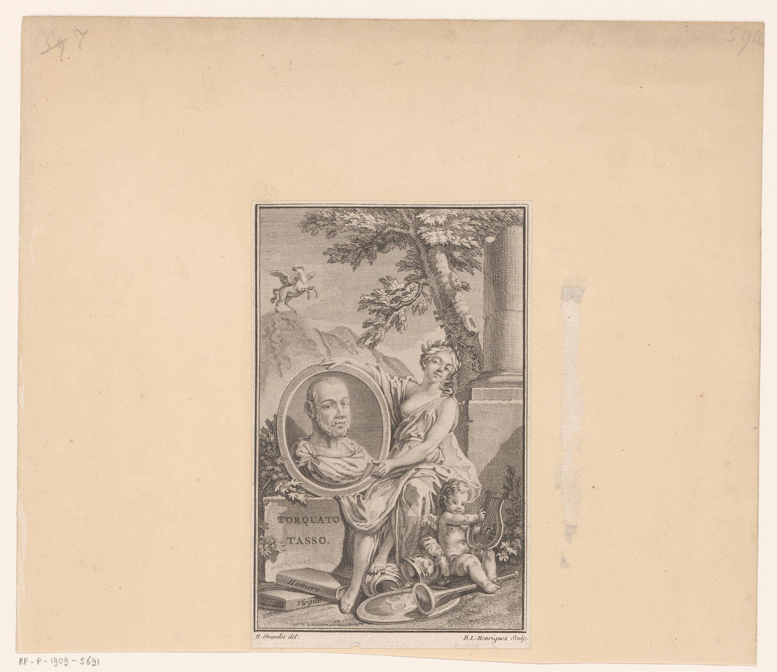 Portret van Torquato Tasso opgehouden door een muze met putto