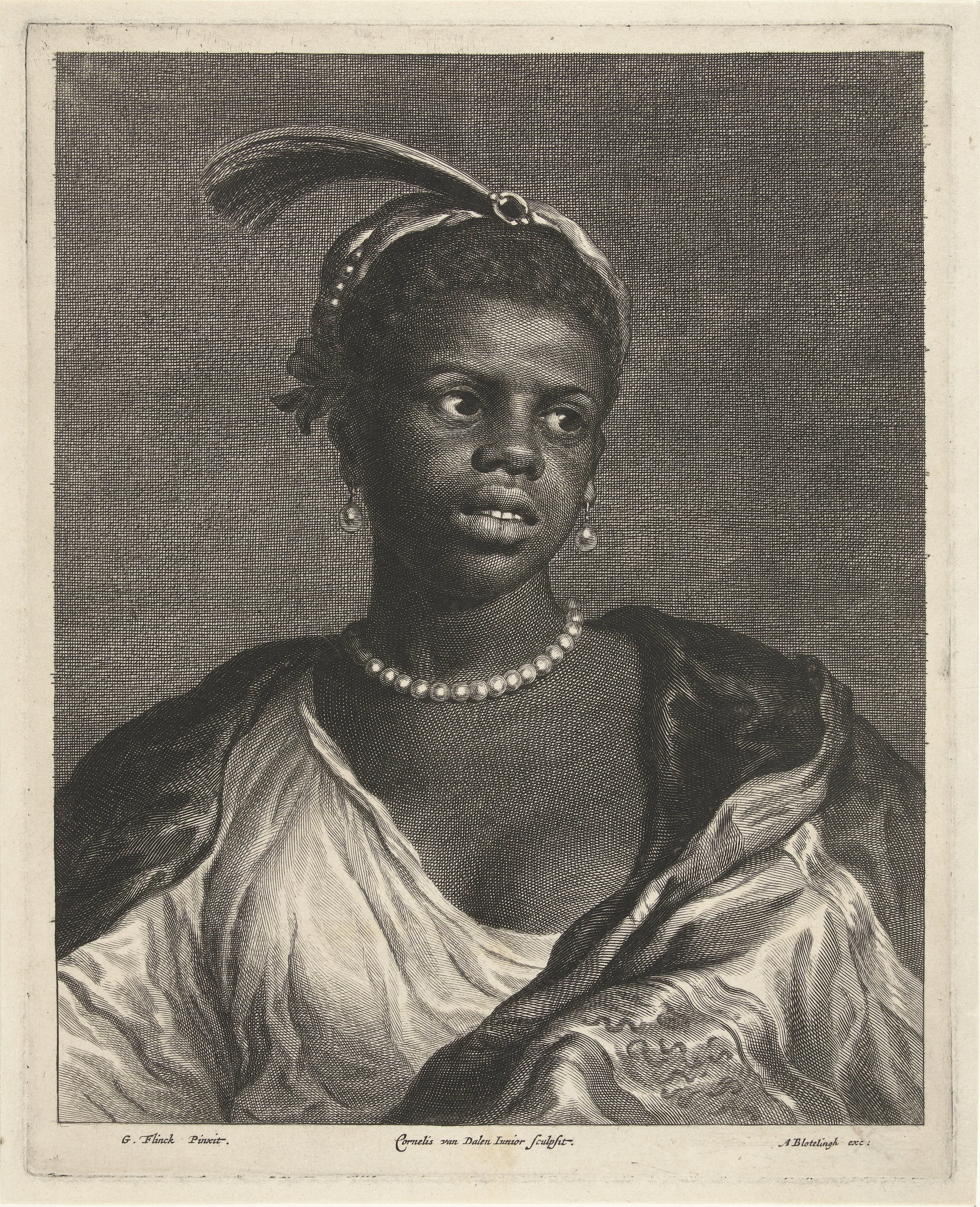 Portret van zwarte vrouw met parelketting