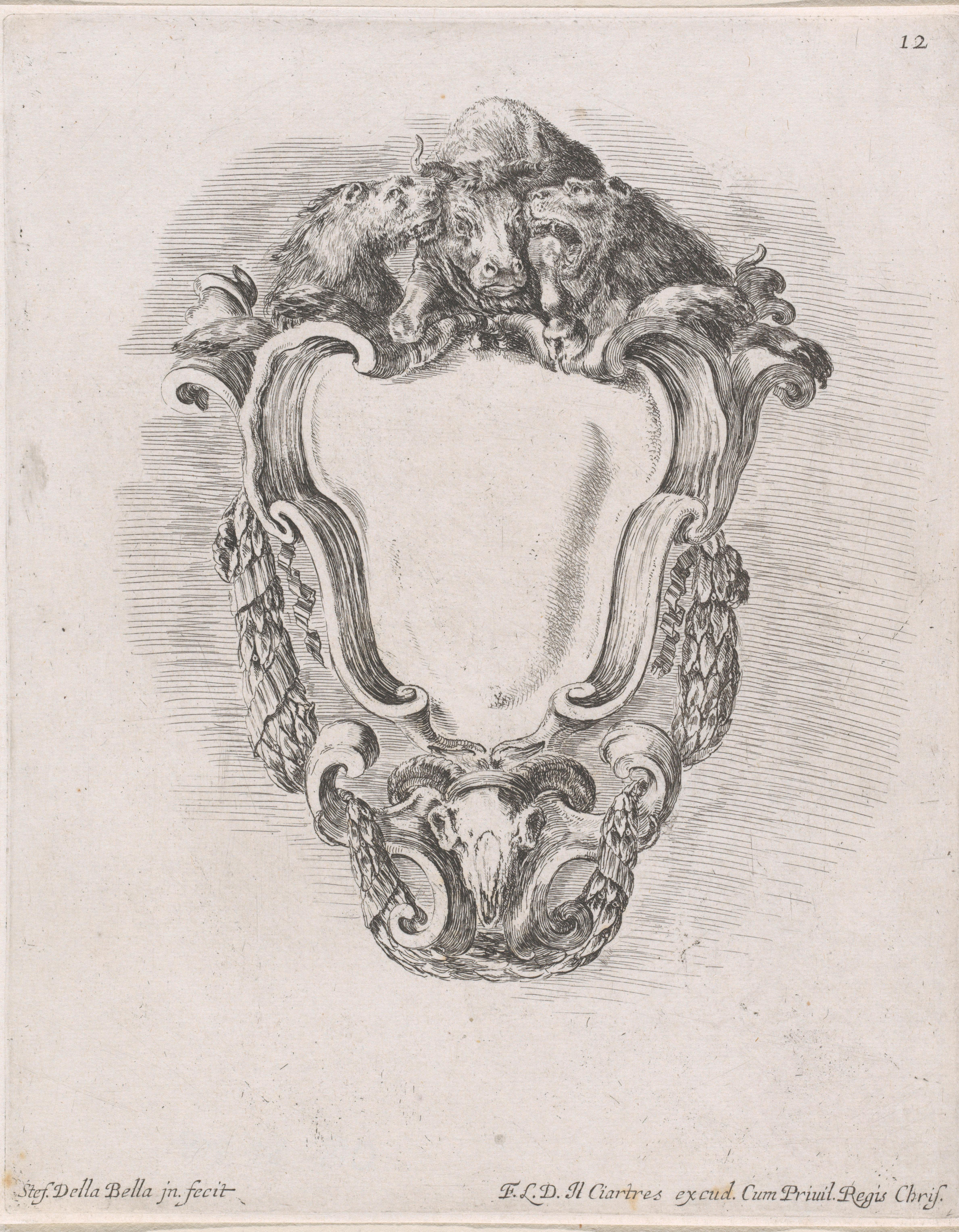 Cartouche met twee leeuwen, een os en een schedel van een ram