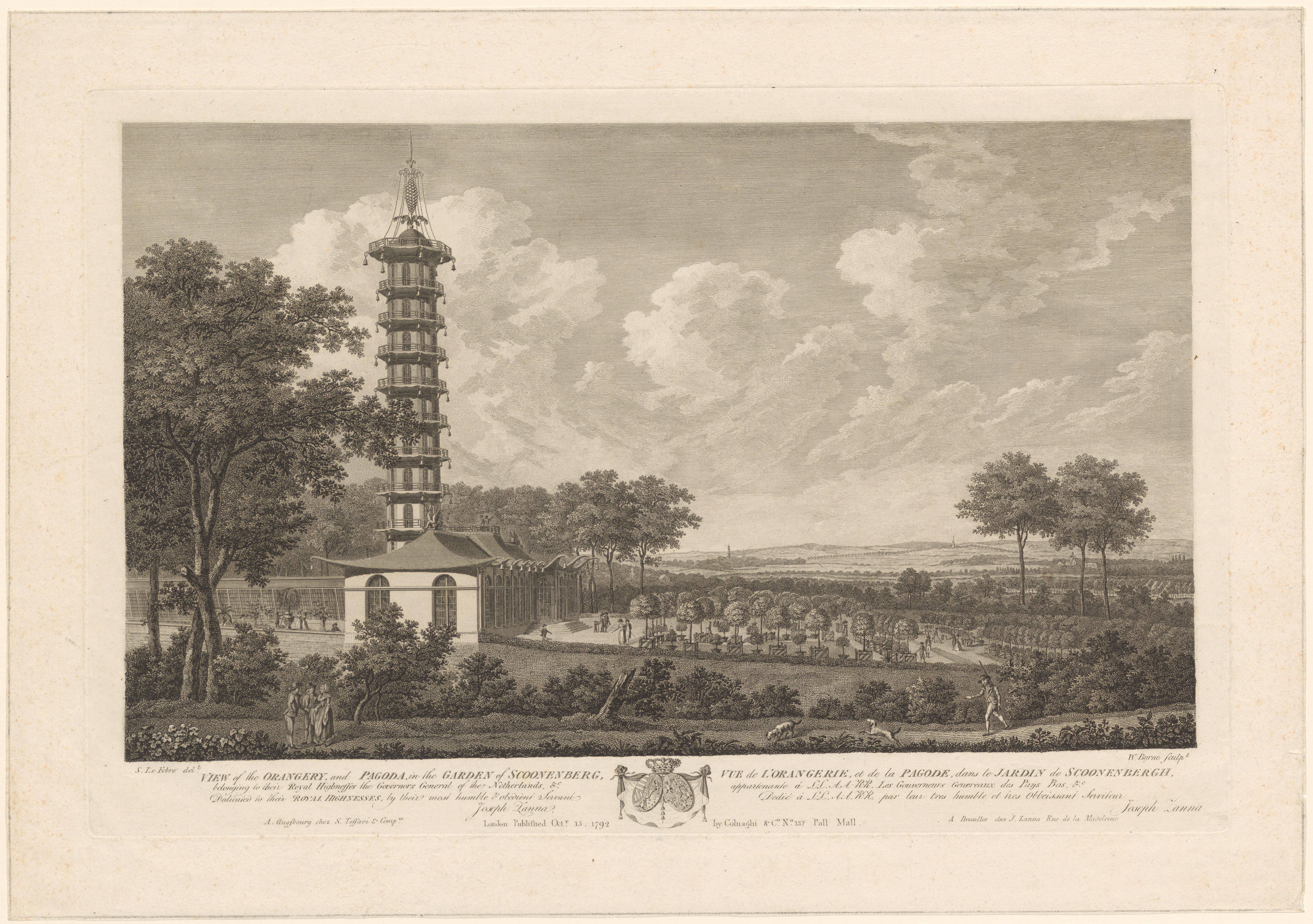Gezicht op de Orangerie en de pagode in het park Schoonenberg nabij Brussel