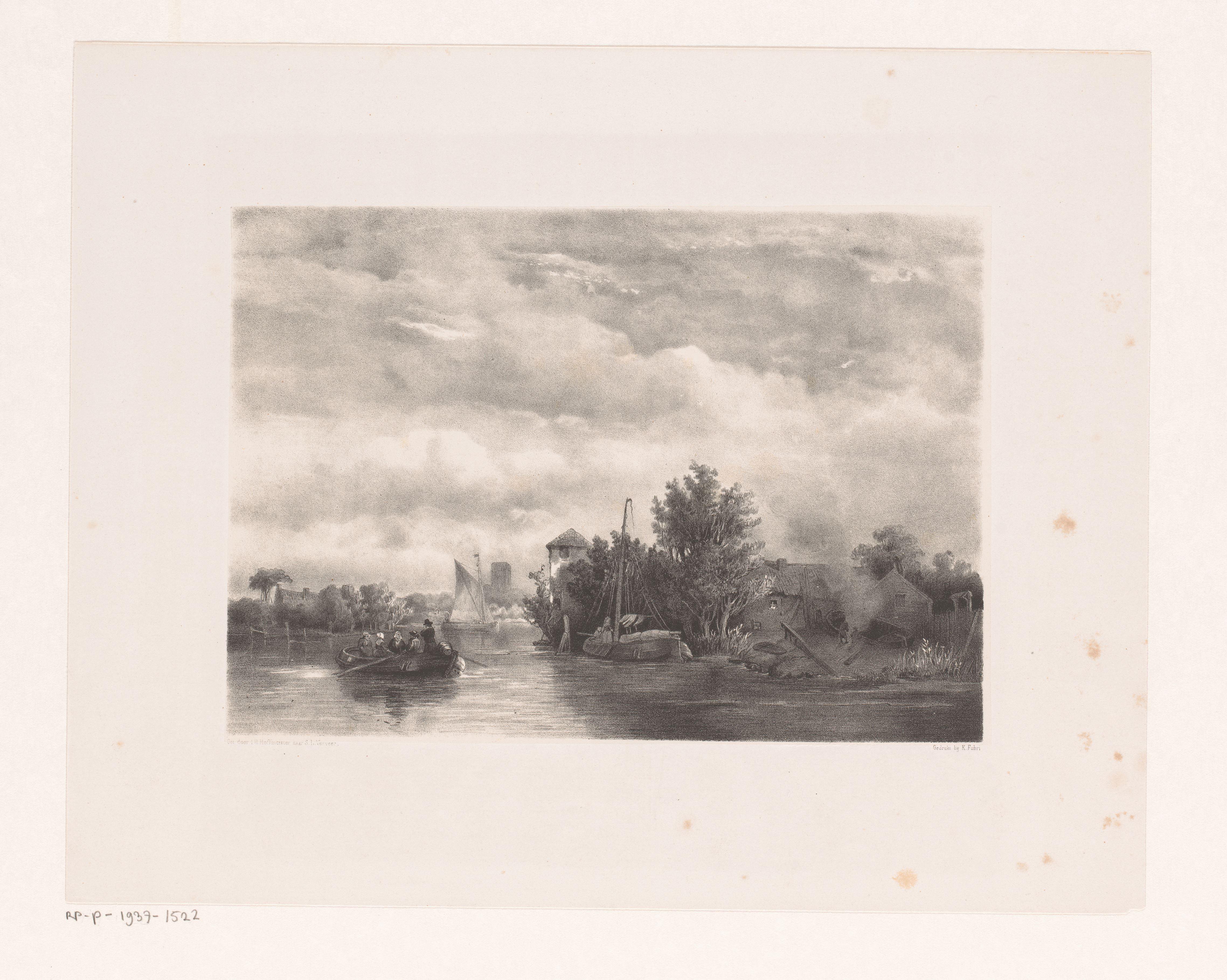 Landschap met rivier, boten en huizen