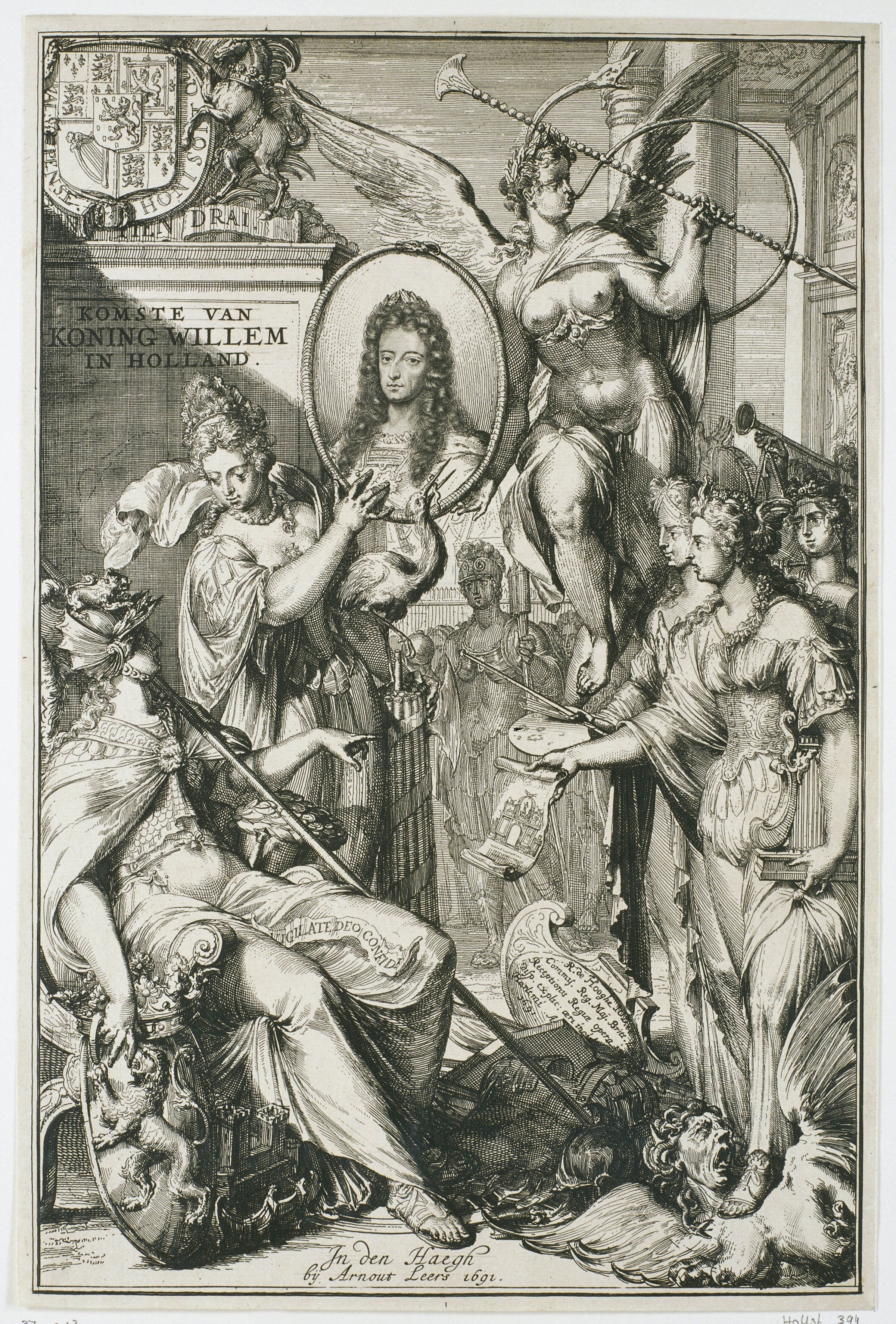 Allegorische frontispice met portret van Willem III