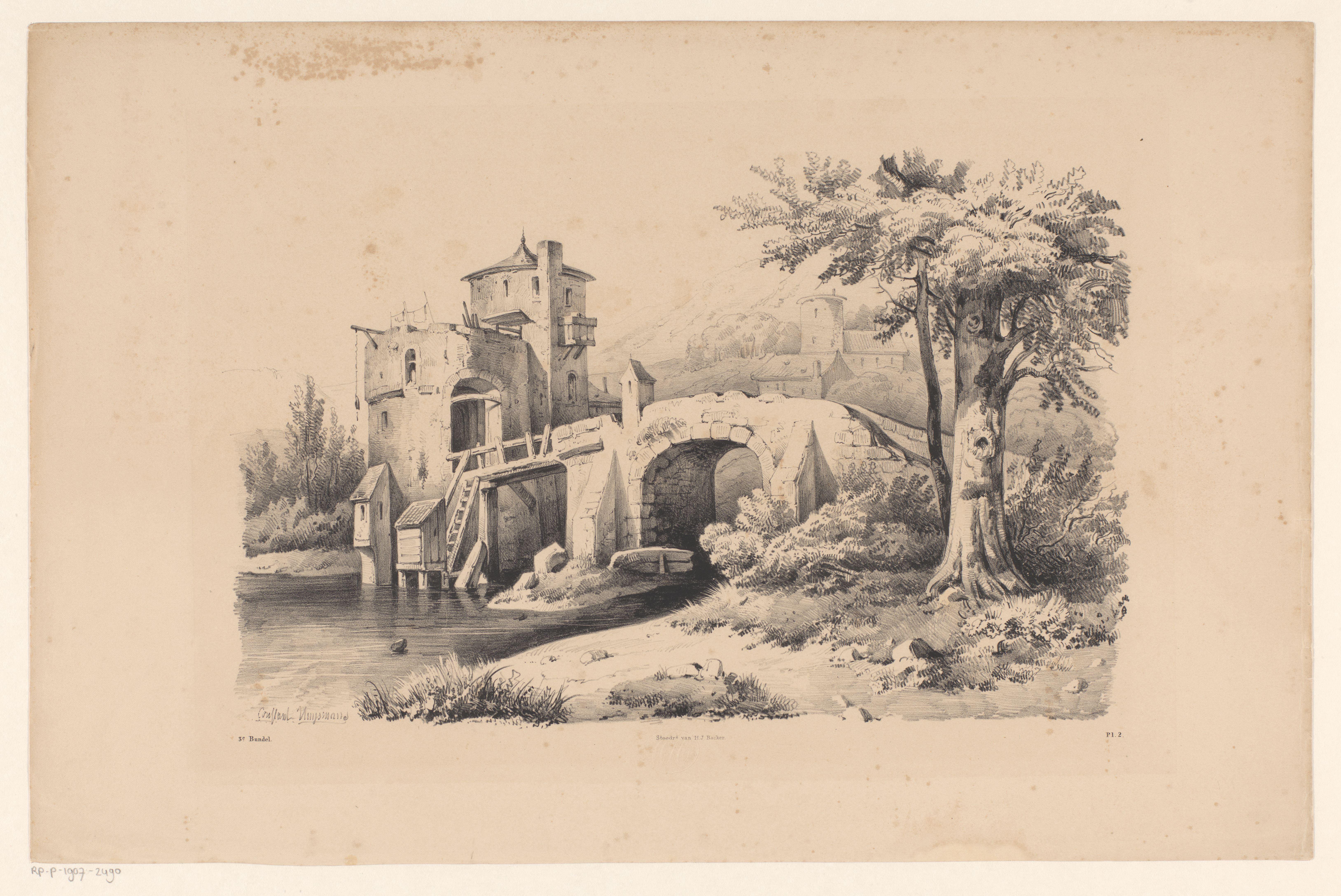 Landschap met brug en vestingtoren