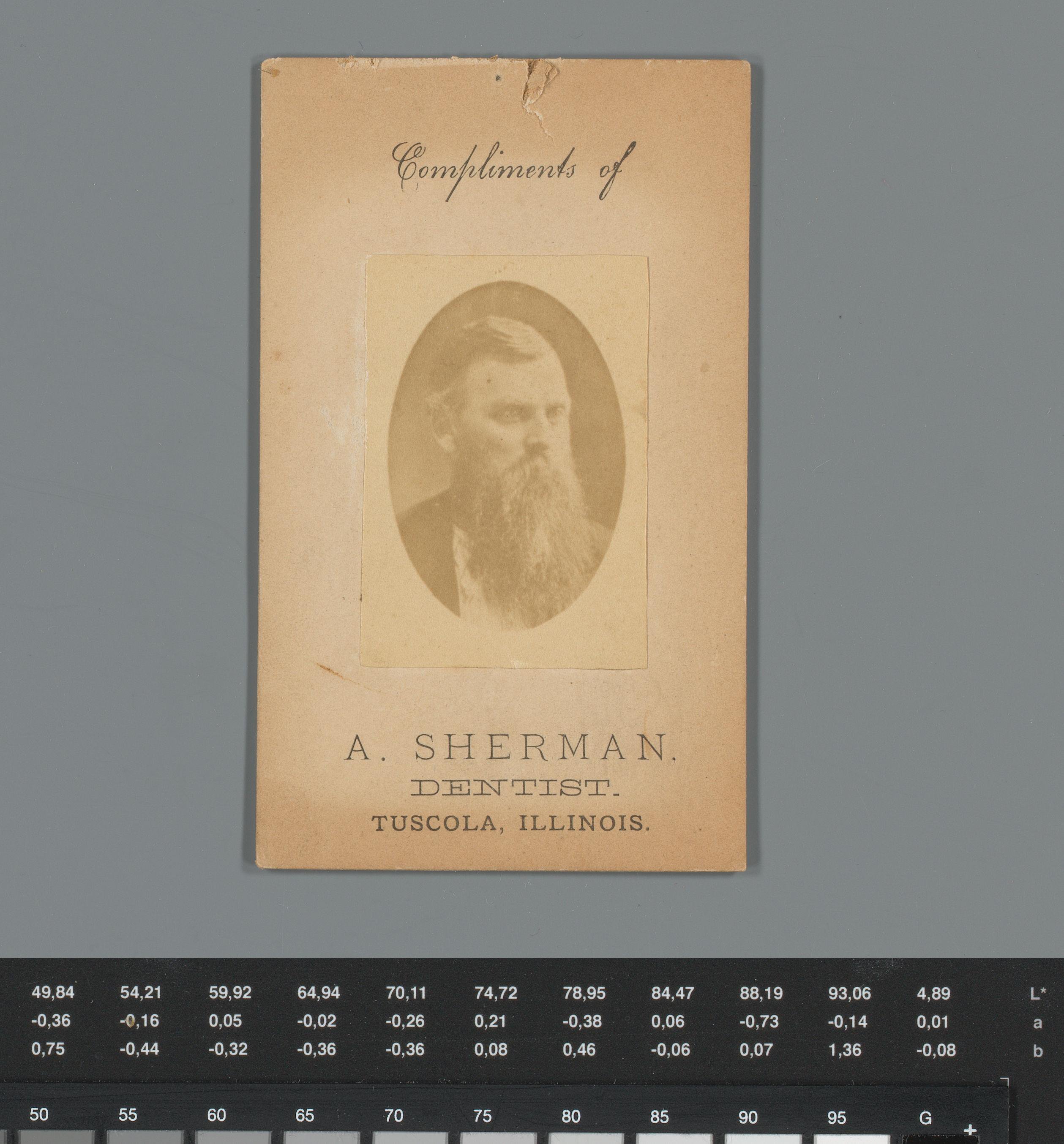Portret van A. Sherman als reclame voor zijn tandartspraktijk in Tuscola, Illinois