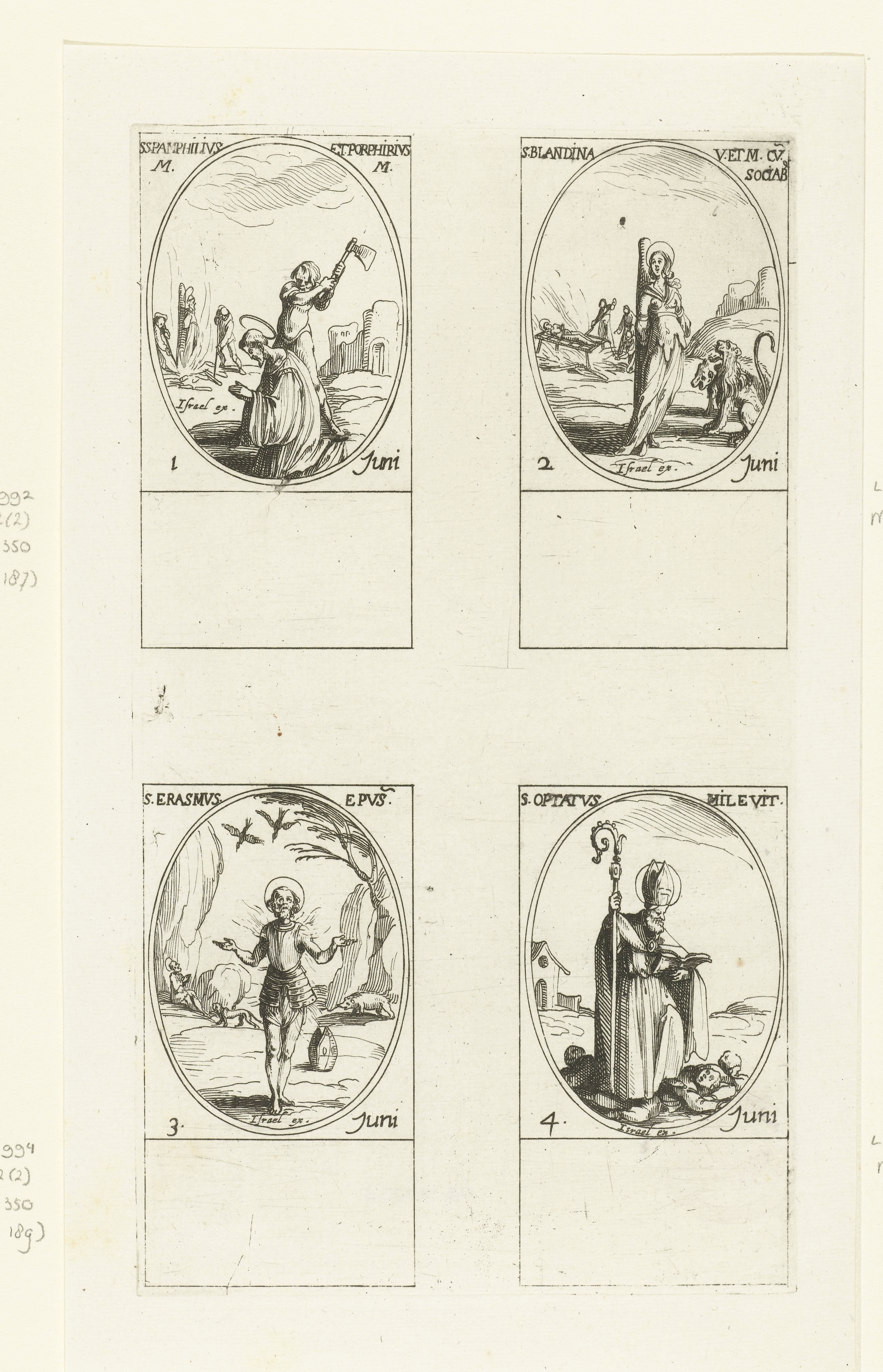 Heilige Pamphilus en Heilige Porphyrius van Caesarea, Heilige Blandina en gezellen, Heilige Erasmus van Formia, Heilige Optatus Afer van Mileve (1-4 juni)