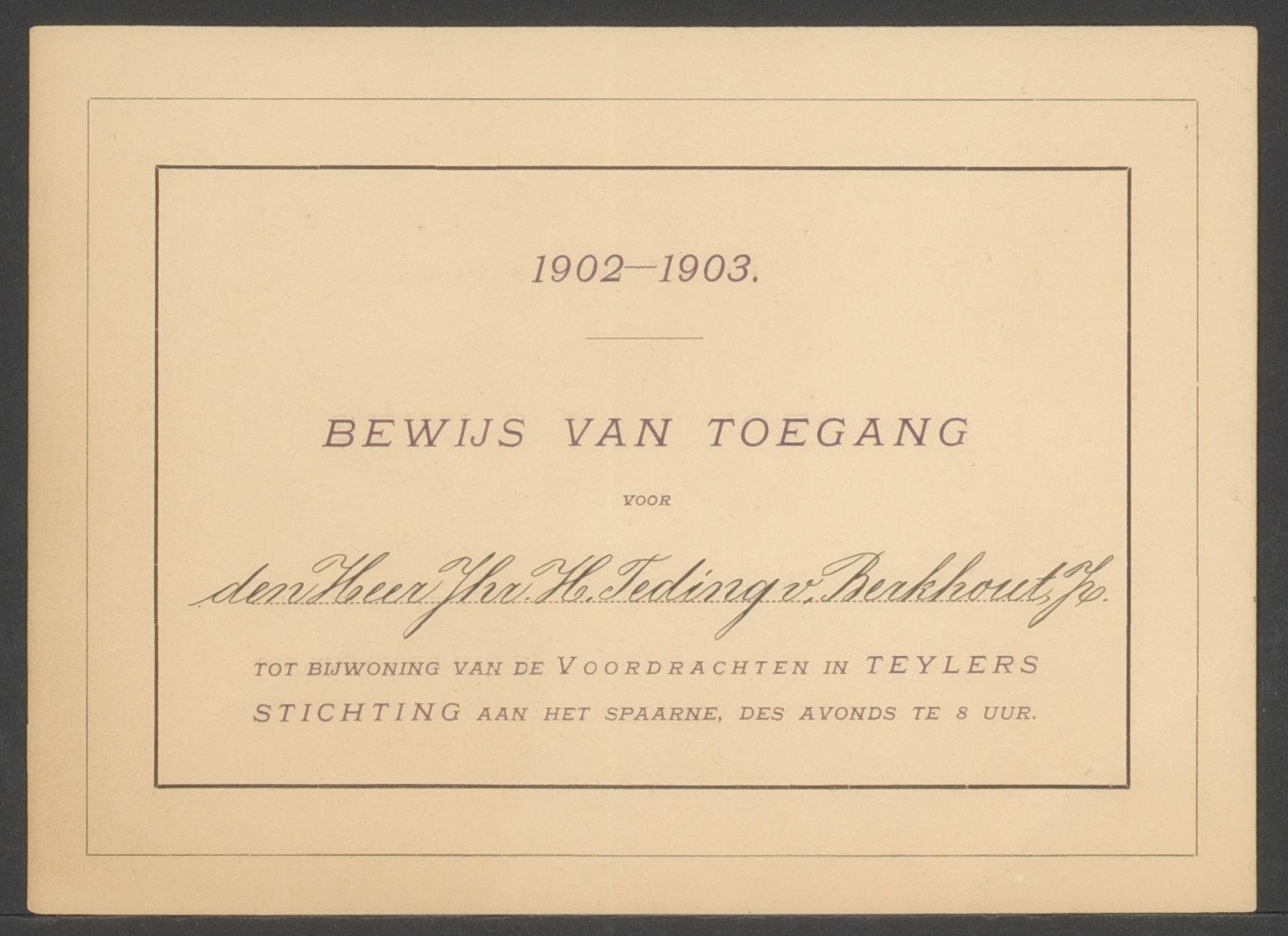 Toegangsbewijs voor voordrachten van Teylers Stichting