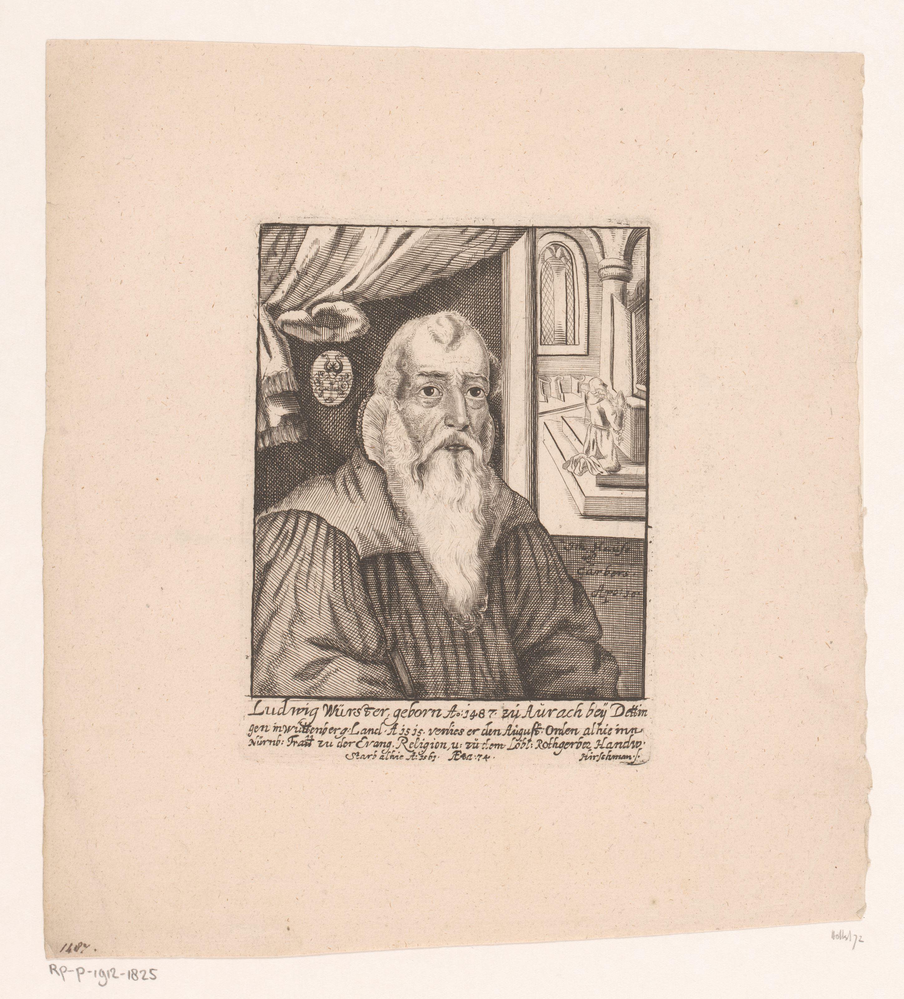 Portret van Ludwig Wurster met op de achtergrond Wurster biddend voor een altaar
