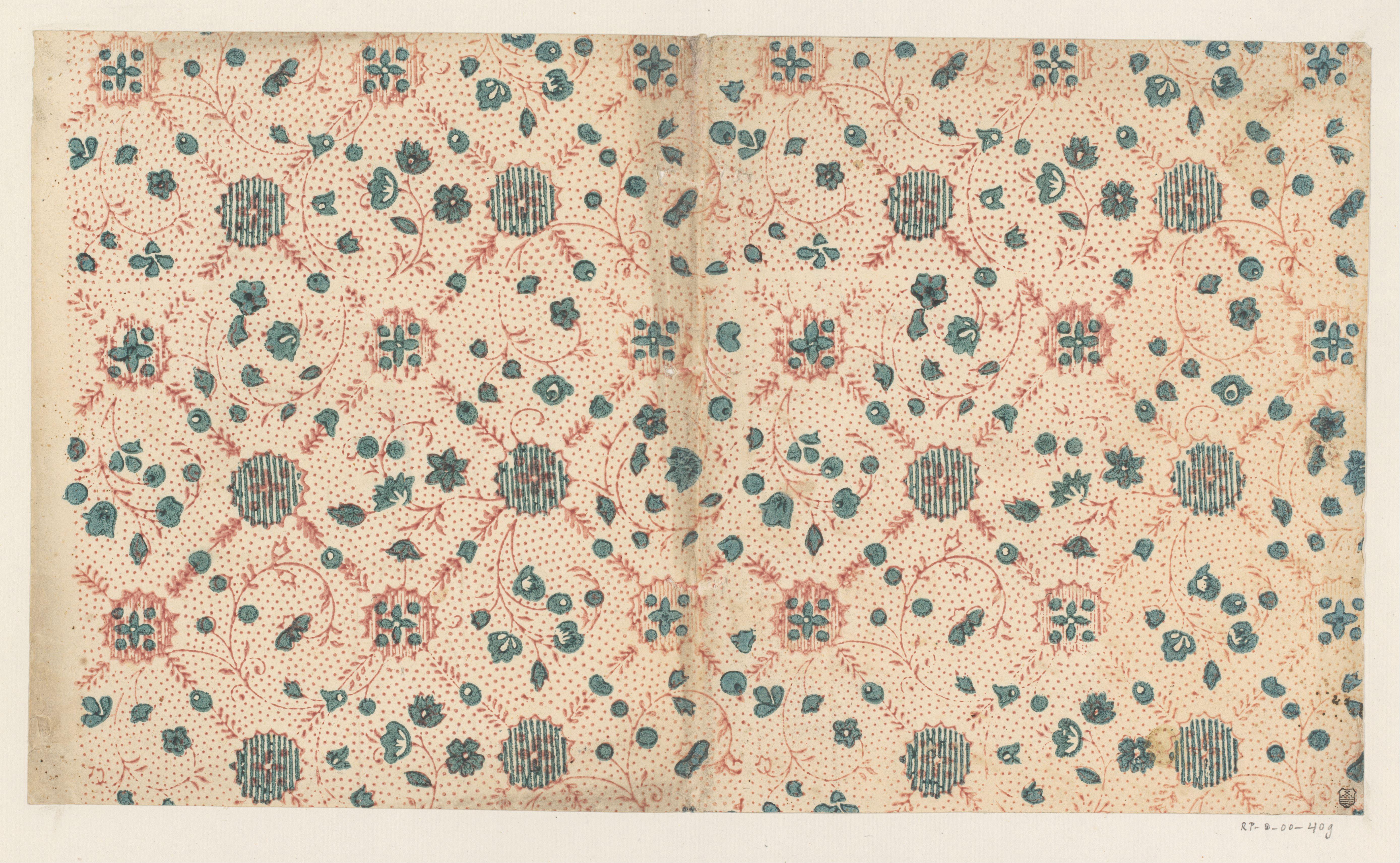 Blad met ruitpatroon van takken met als veldvulling slingerende rank met bloemen en vruchtjes