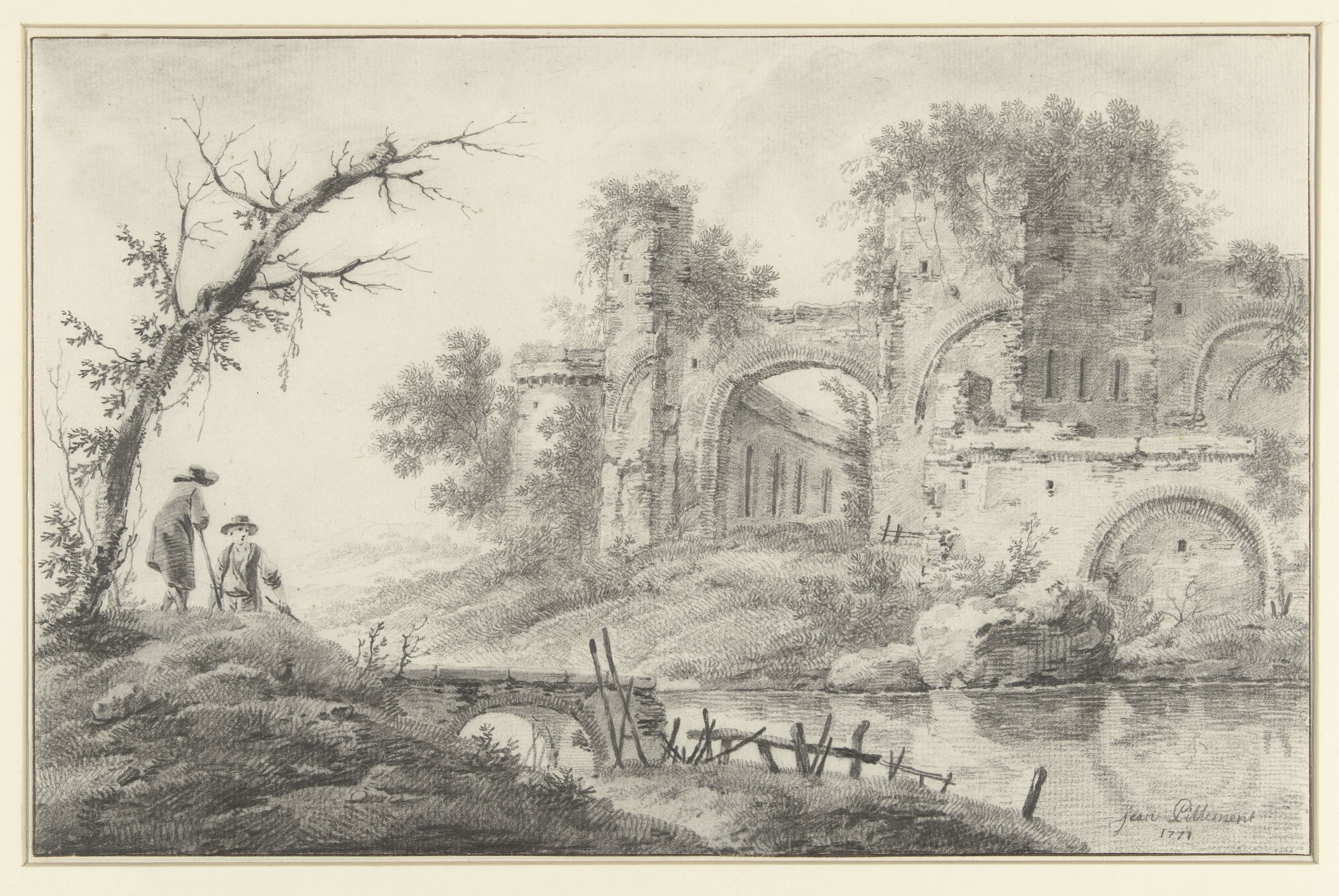 Ruïne aan een rivier met twee landlieden