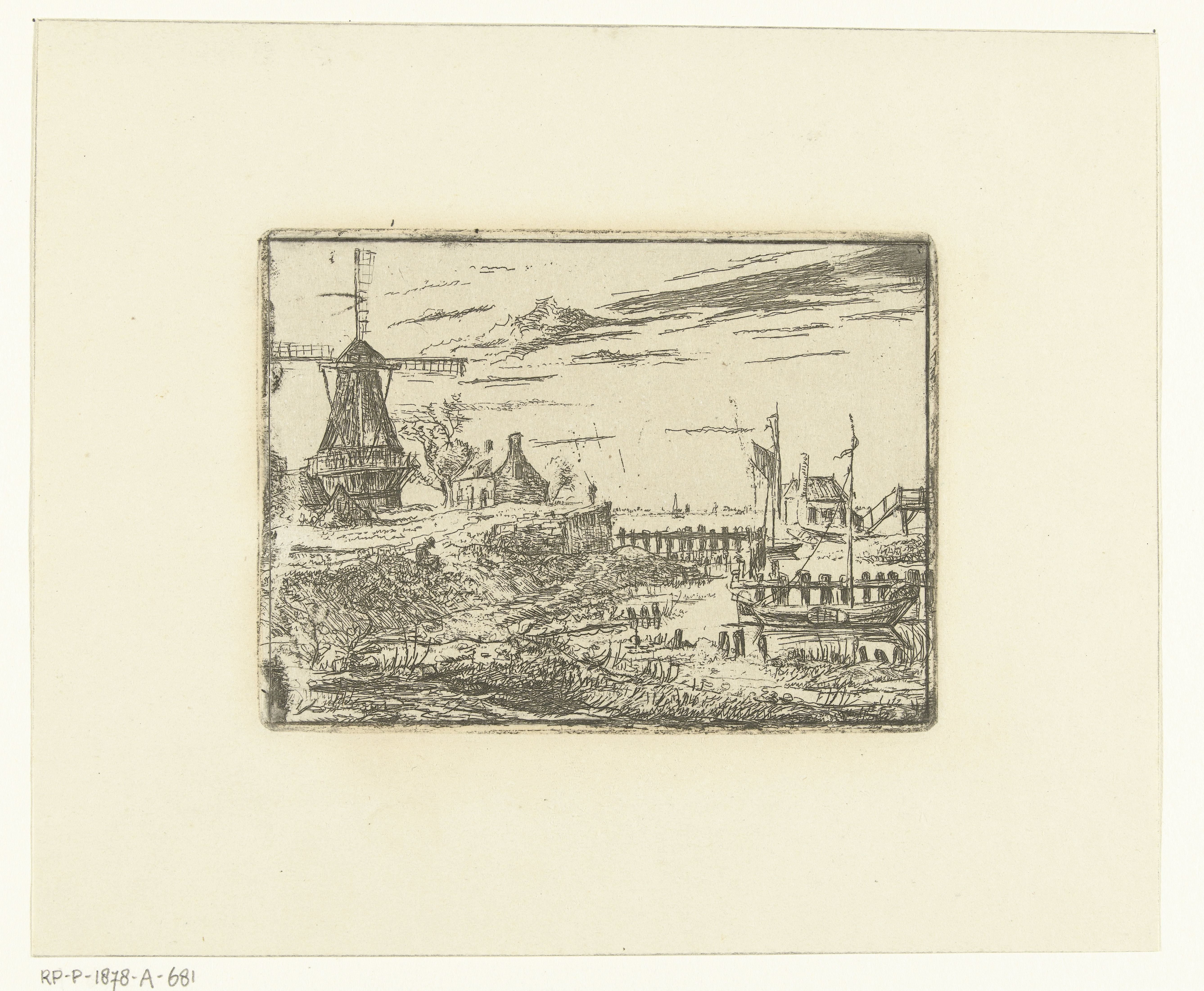 Landschap met molen en schip in haven