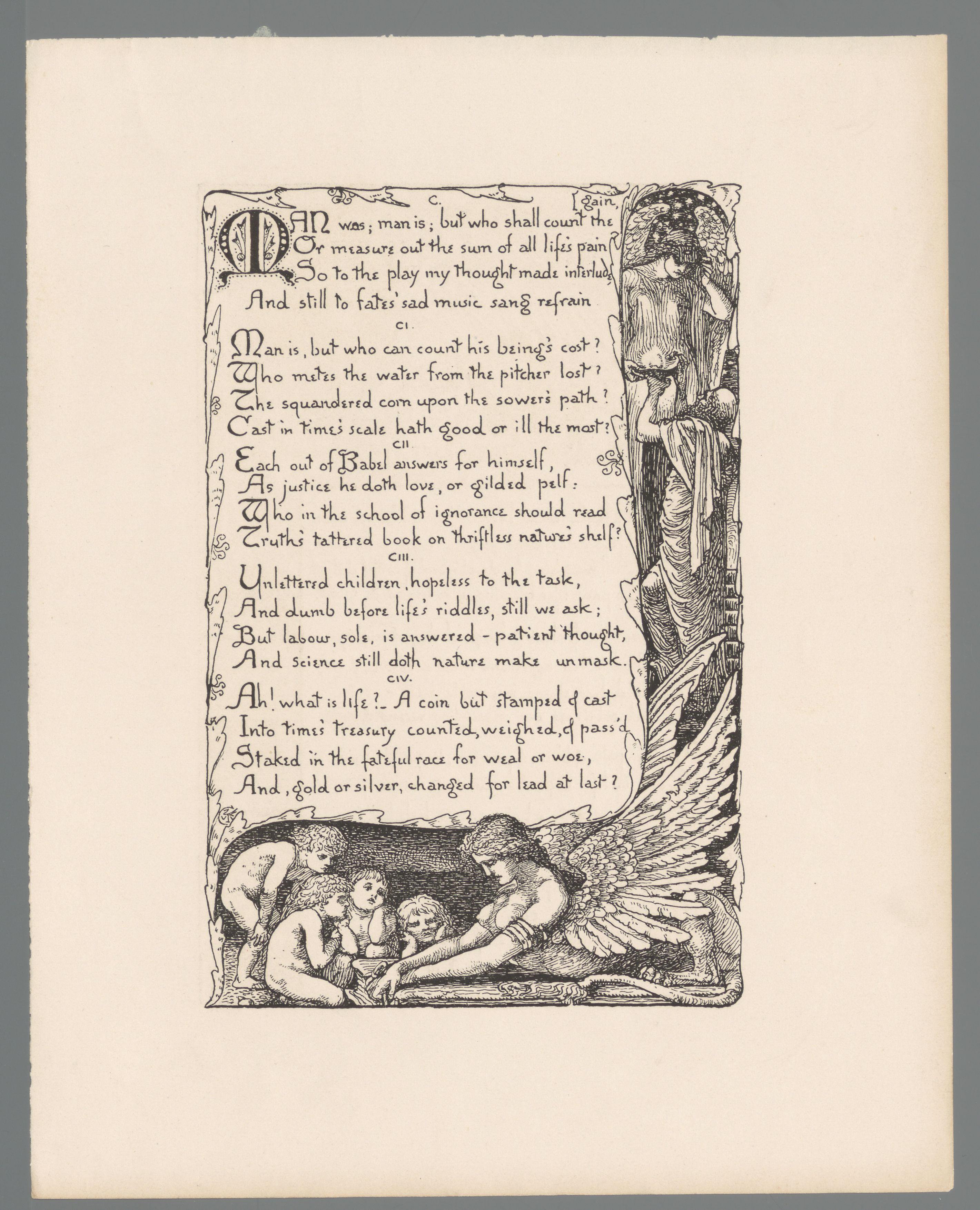 Cartouche met kinderen bij een sfinx en man bij een gevleugeld figuur