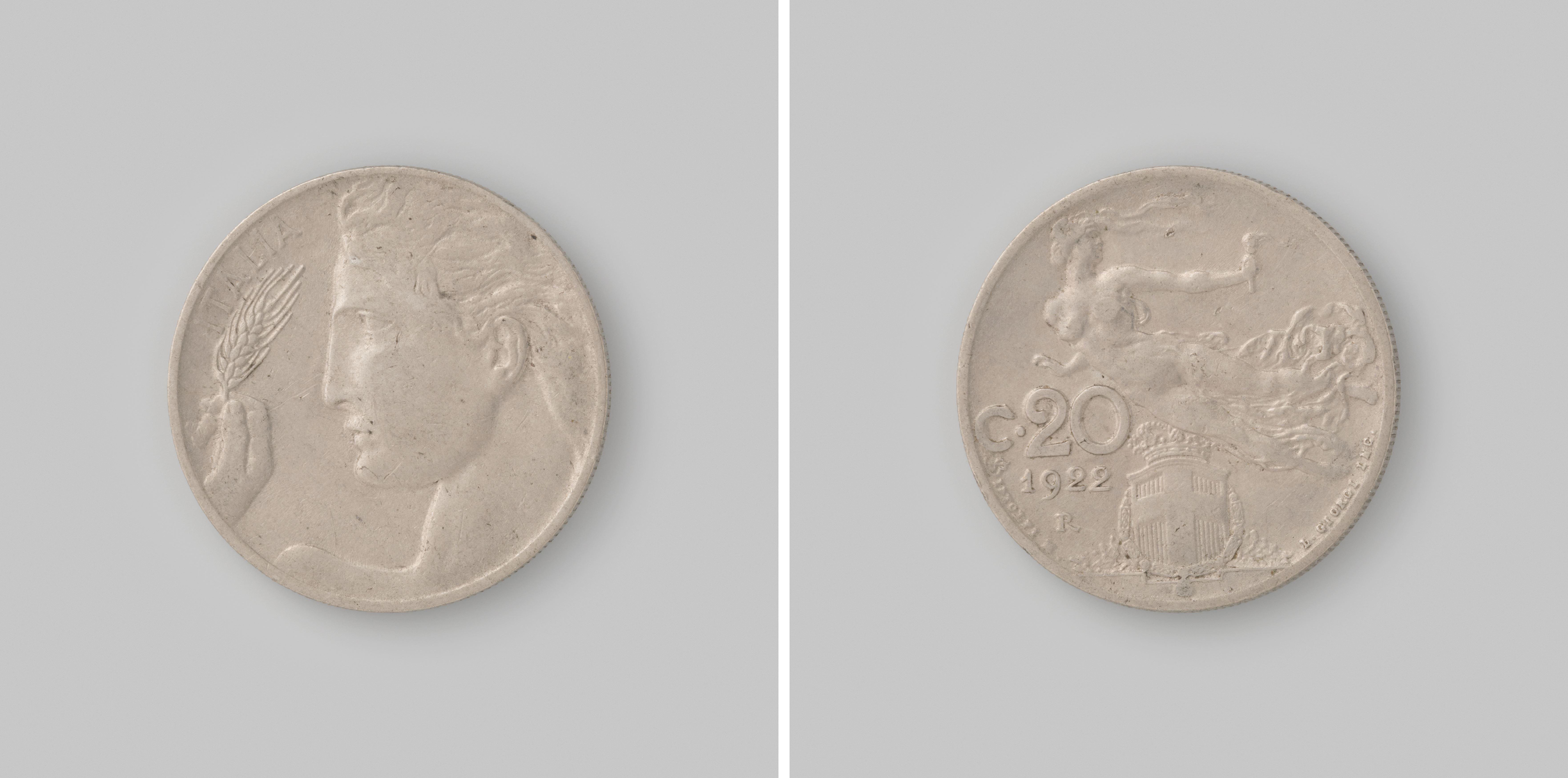 20 centesimi uit Italië van koning Vittorio Emanuele III, 1922