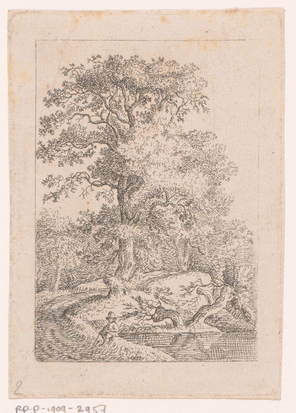 Landschap met figuur langs de oever van een meer