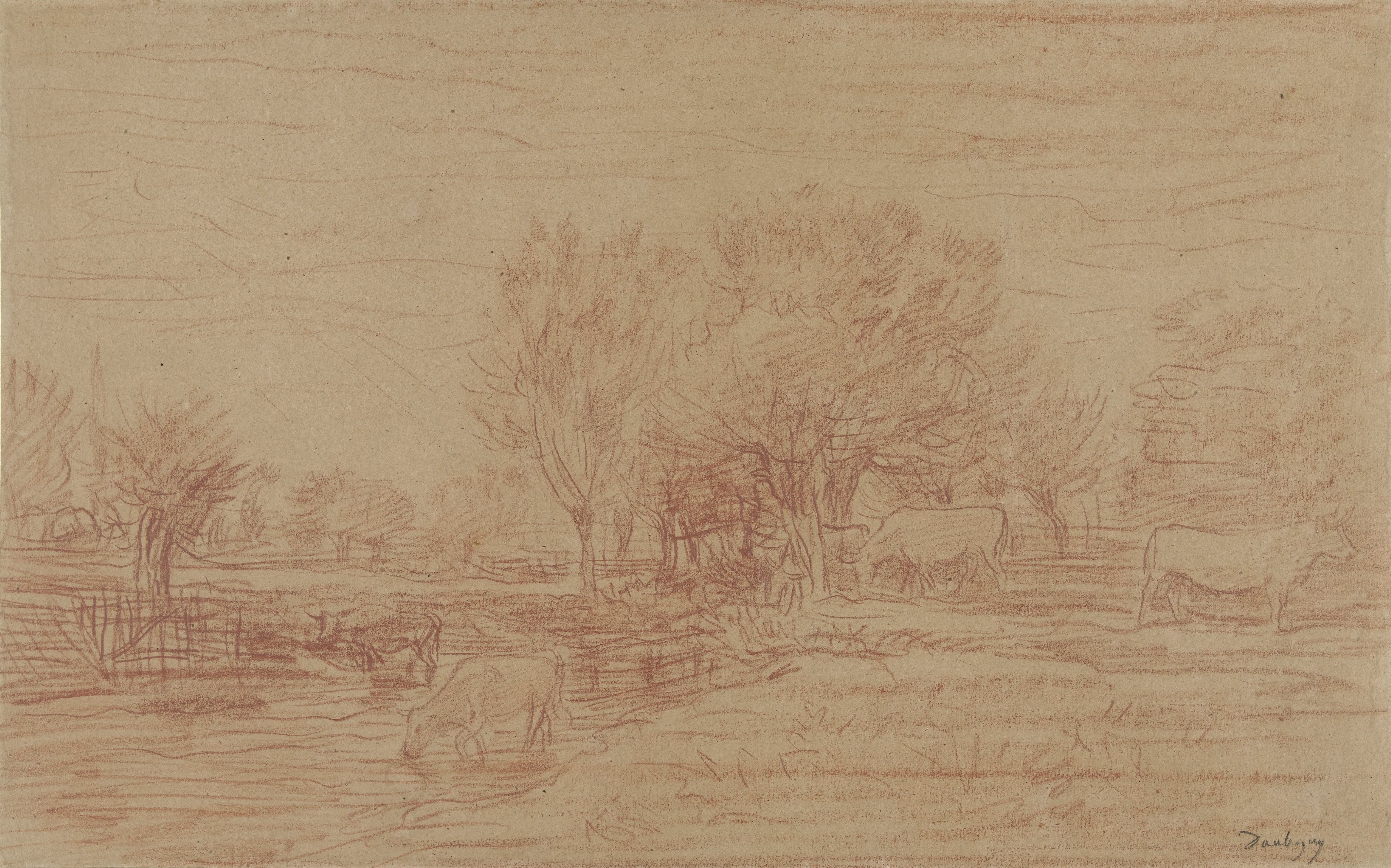 Landschap met grazende en drinkende koeien en een toekijkende stier