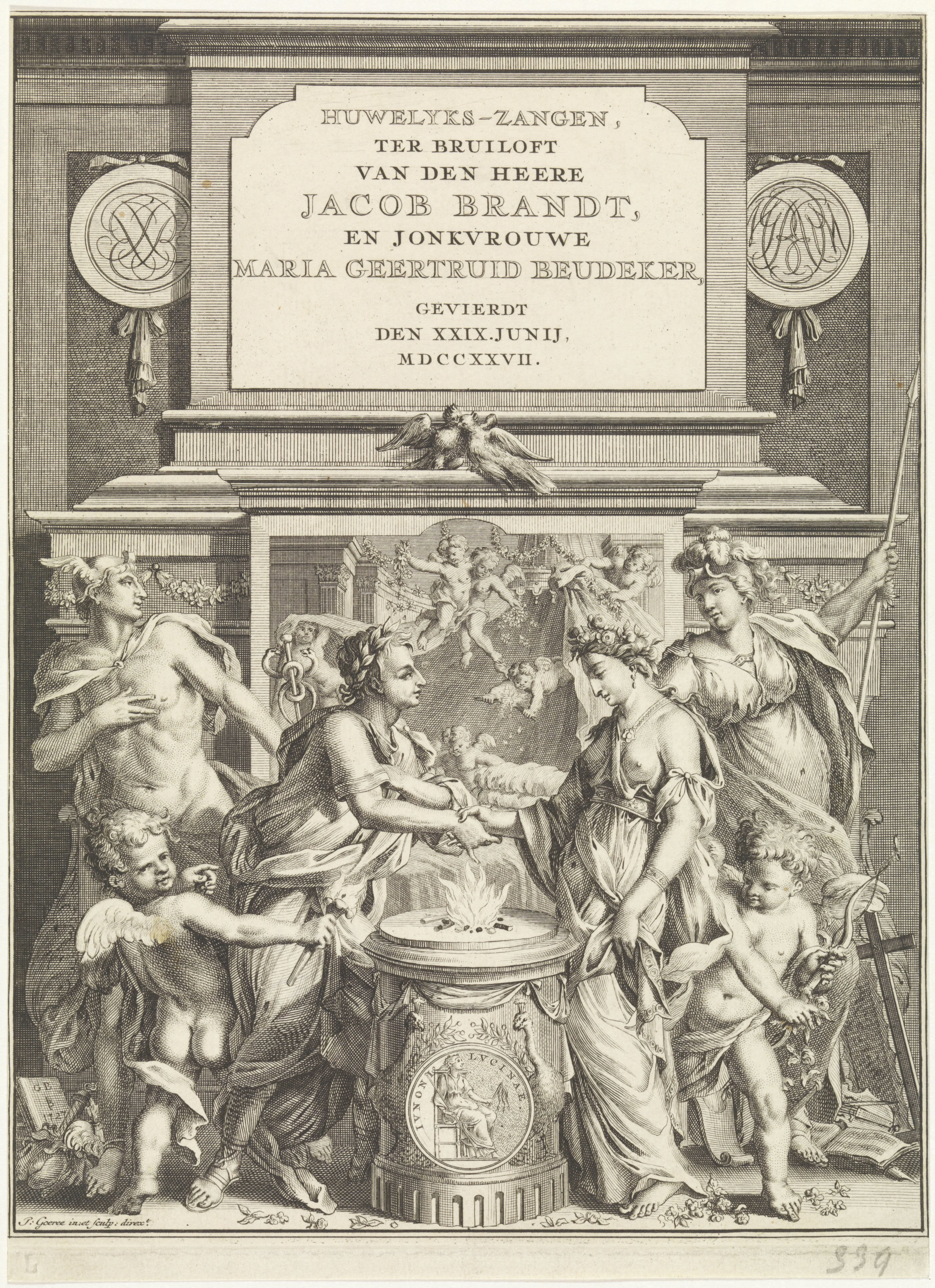 Allegorie op de huwelijksverbintenis tussen Jacob Brandt en Maria Beudeker
