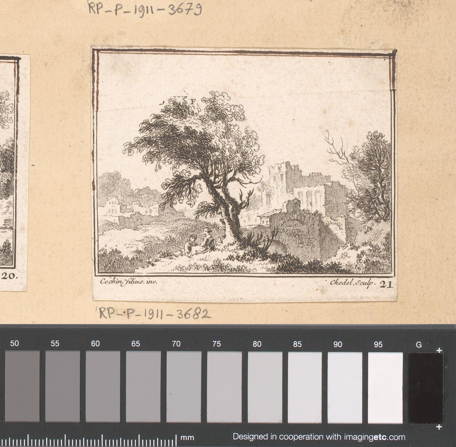 Landschap met twee rustende figuren onder een boom, een ruïne op de achtergrond