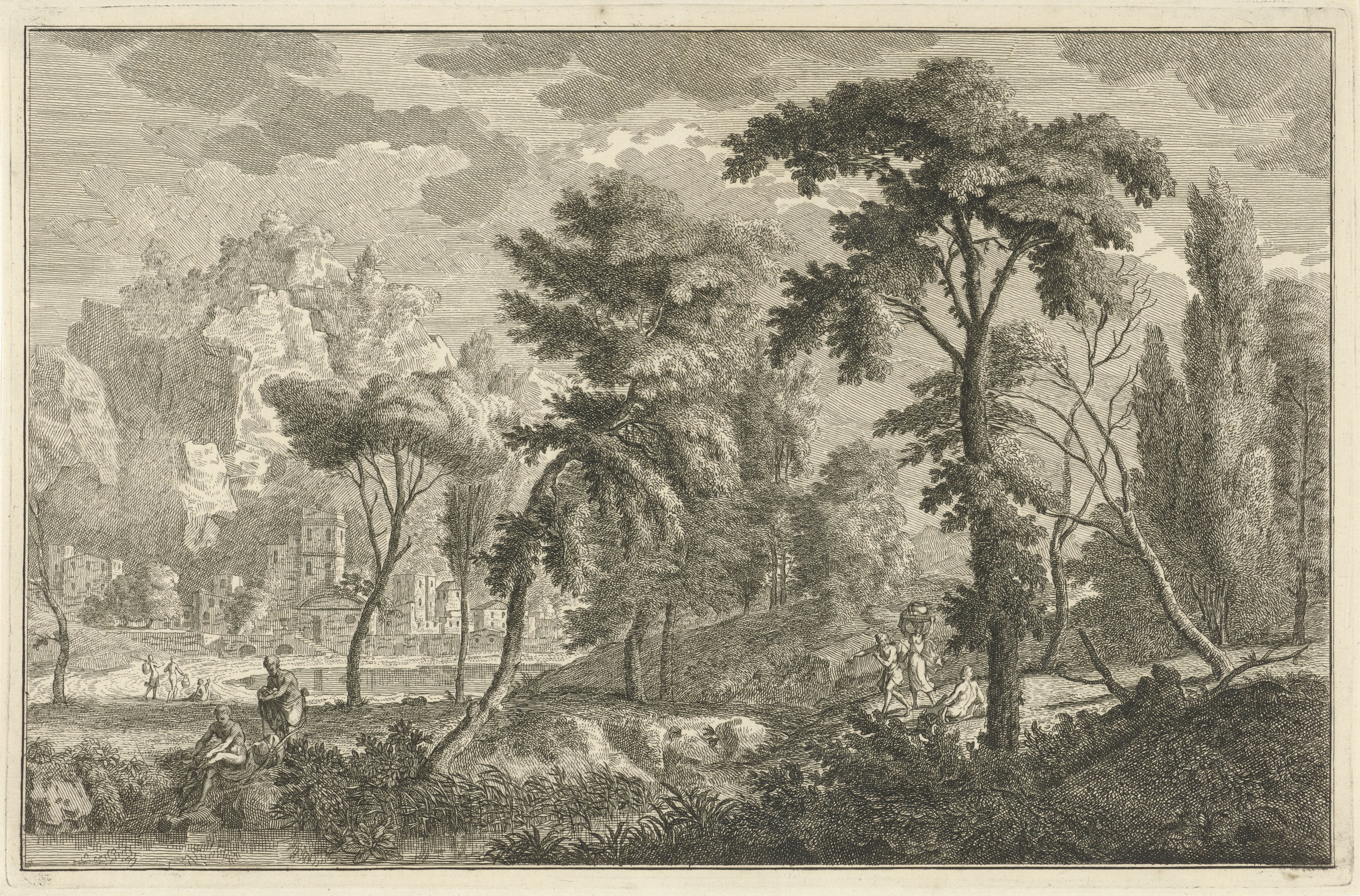 Arcadisch rivierlandschap met badende mannen