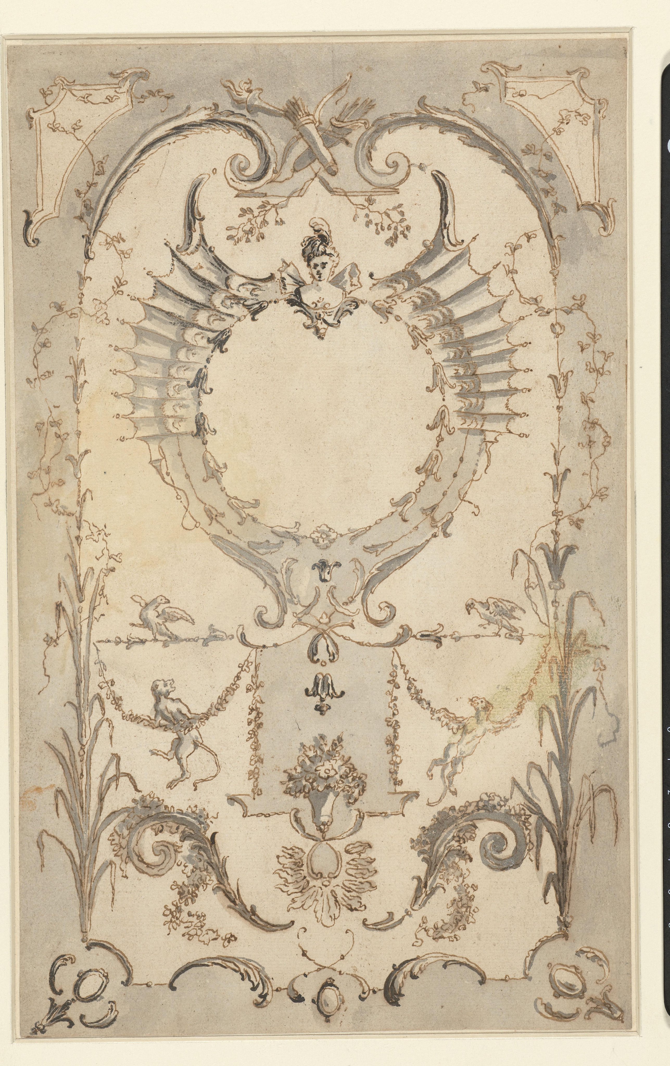 Vegetatief ornament met apen, festoenen, gekruiste pijlkokers en een borstbeeld (Vrije copie naar een prent van Gabriel Huquier naar Watteau)