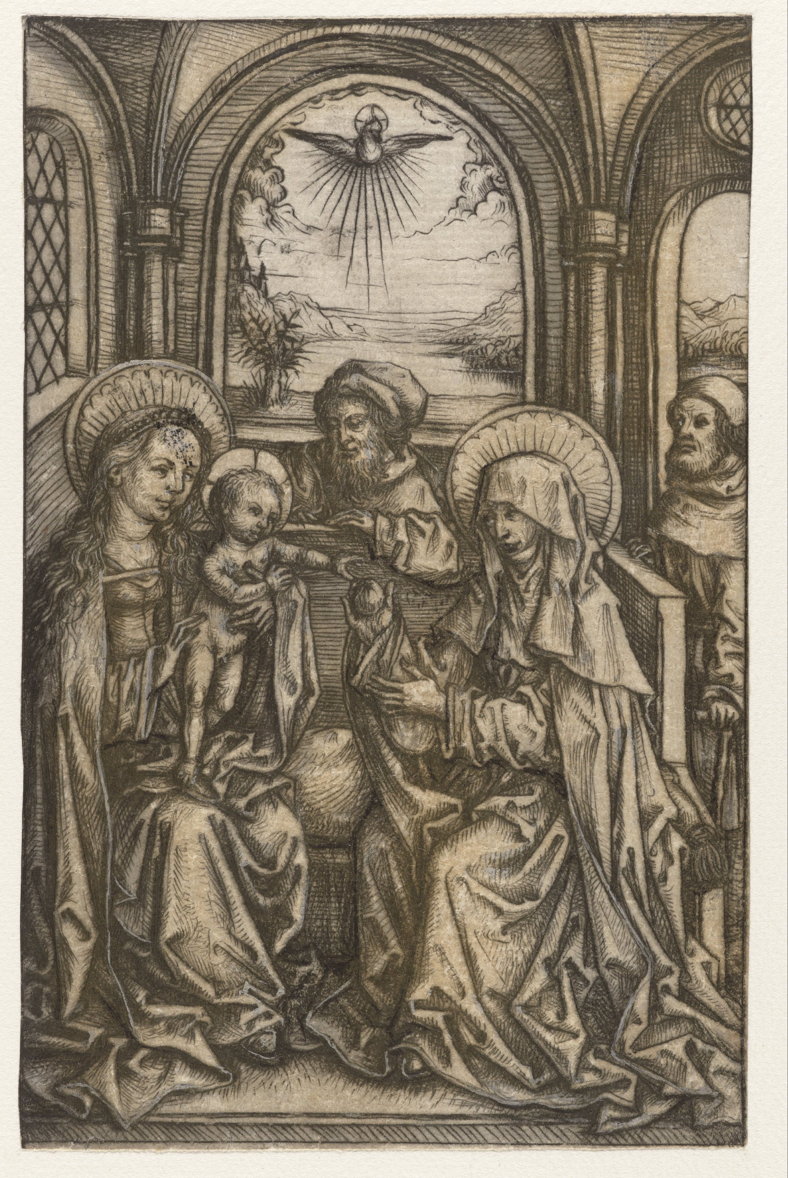 De Heilige Familie in een gewelfde ruimte