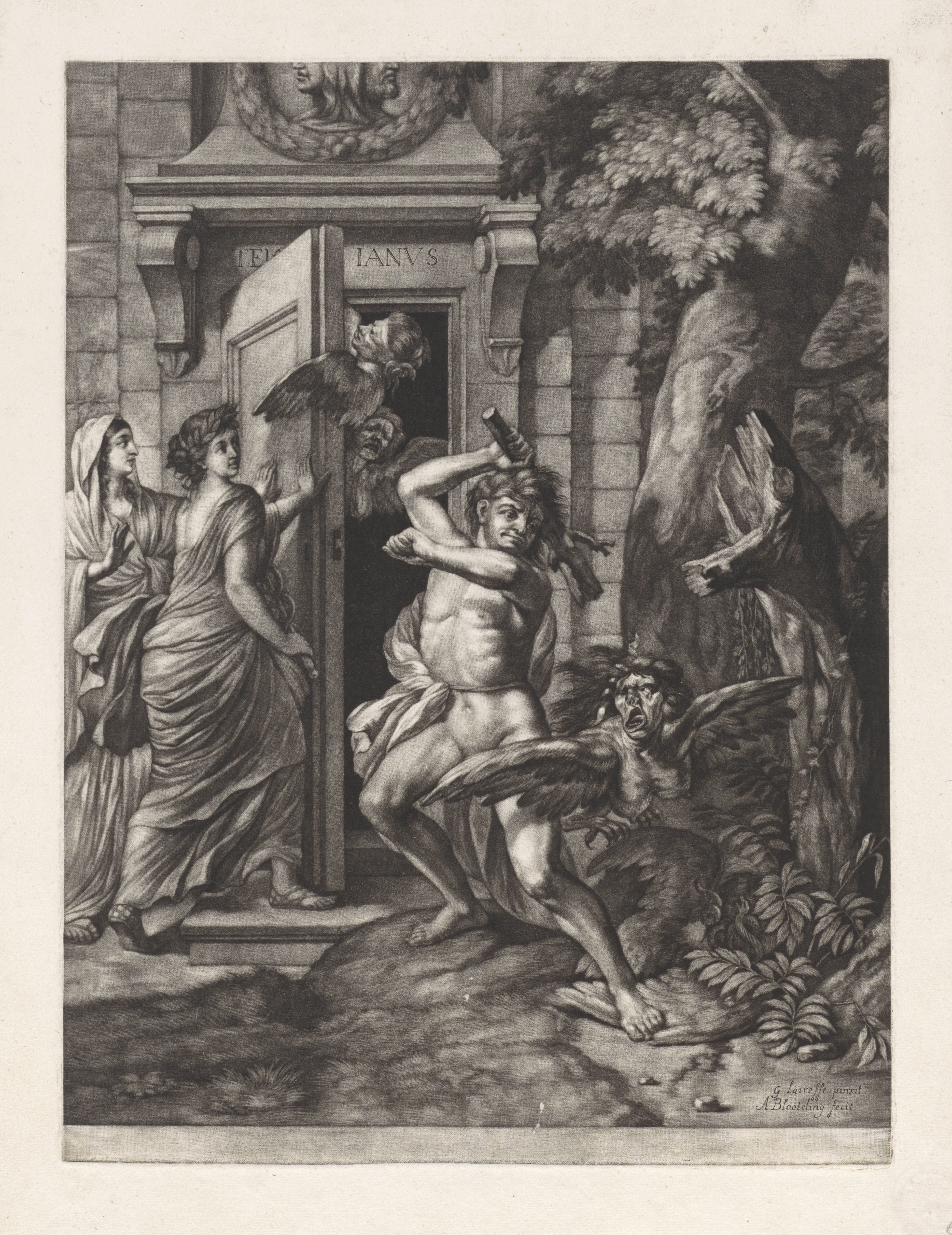 Allegorie op de Vrede van Nijmegen (1678): Hercules verslaat de harpijen voor de tempel van Janus