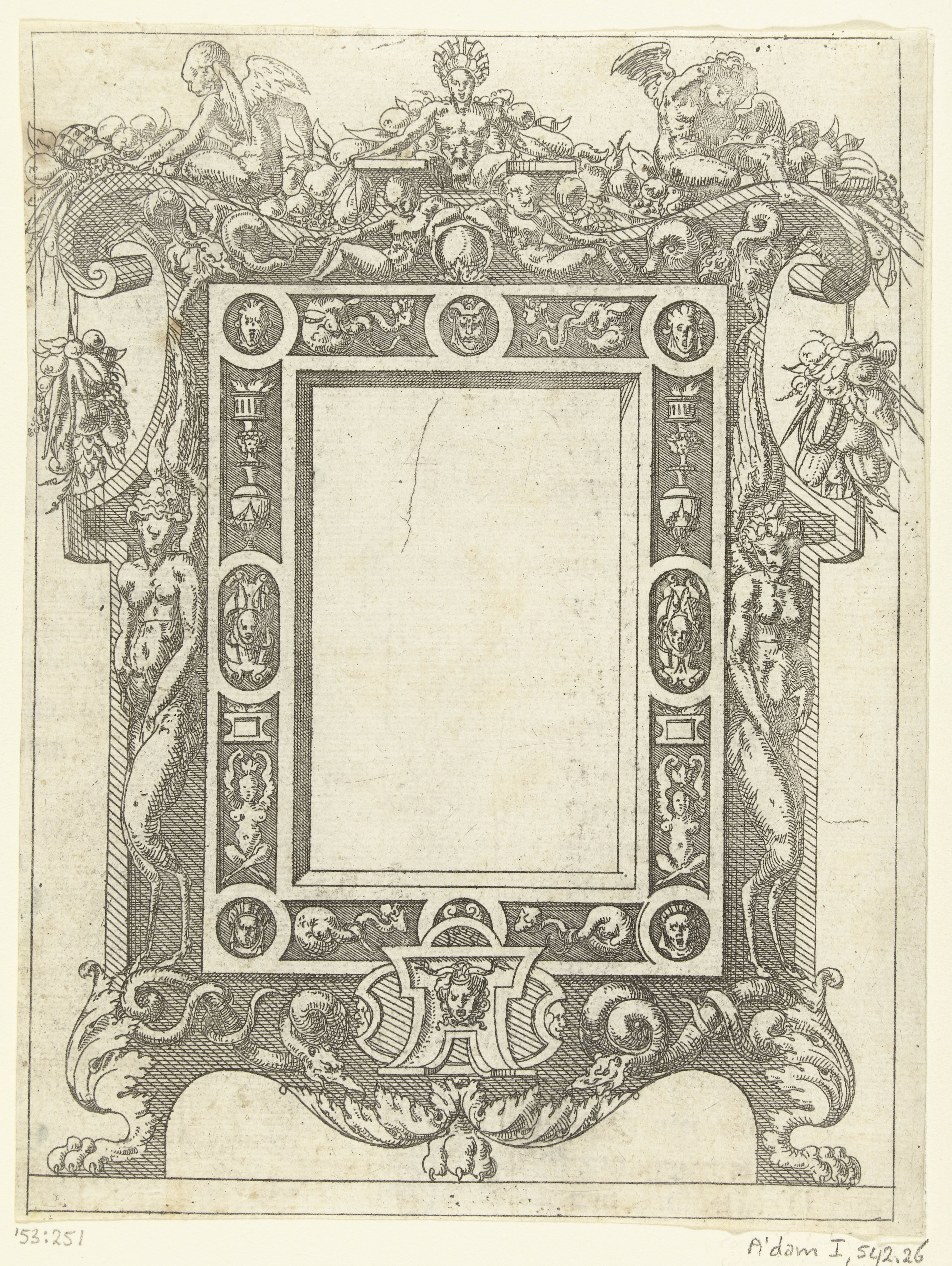 Rechthoekige cartouche in een lijst gedecoreerd met grotesken, vazen en medaillons met mascarons