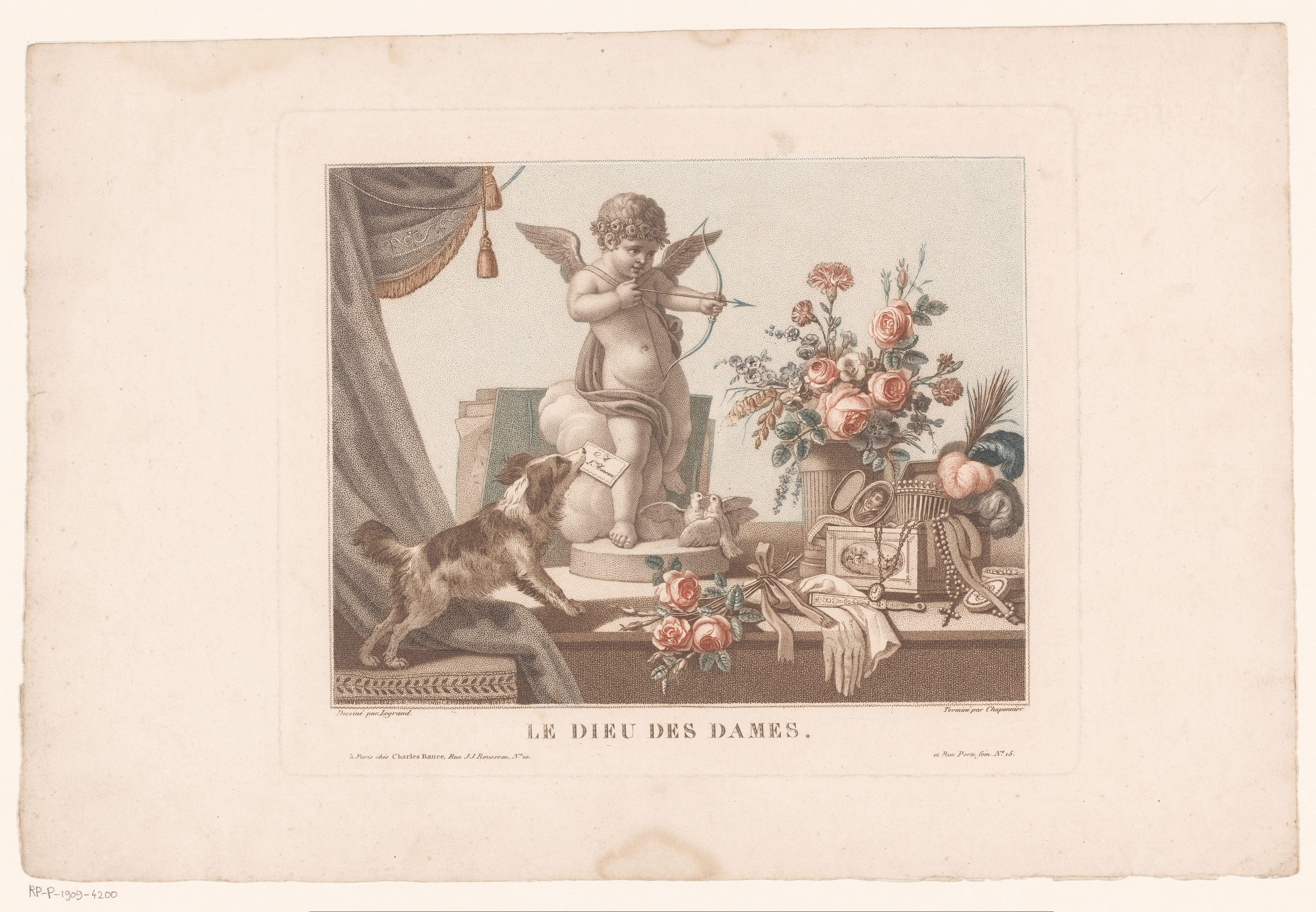 Stilleven op een tafel met een hond en een standbeeld van Cupido