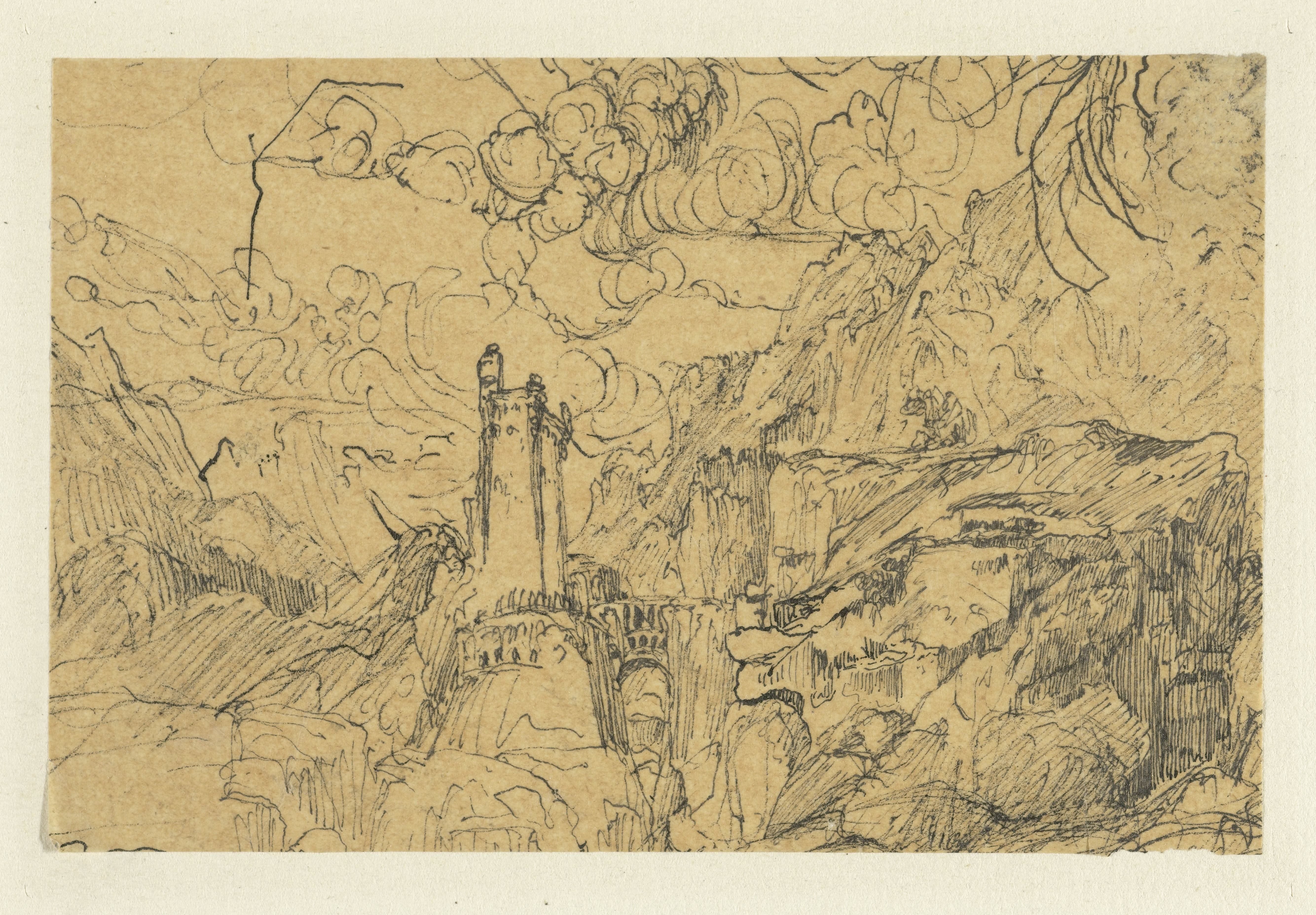 Berglandschap met een kasteel bij een overbrugde kloof