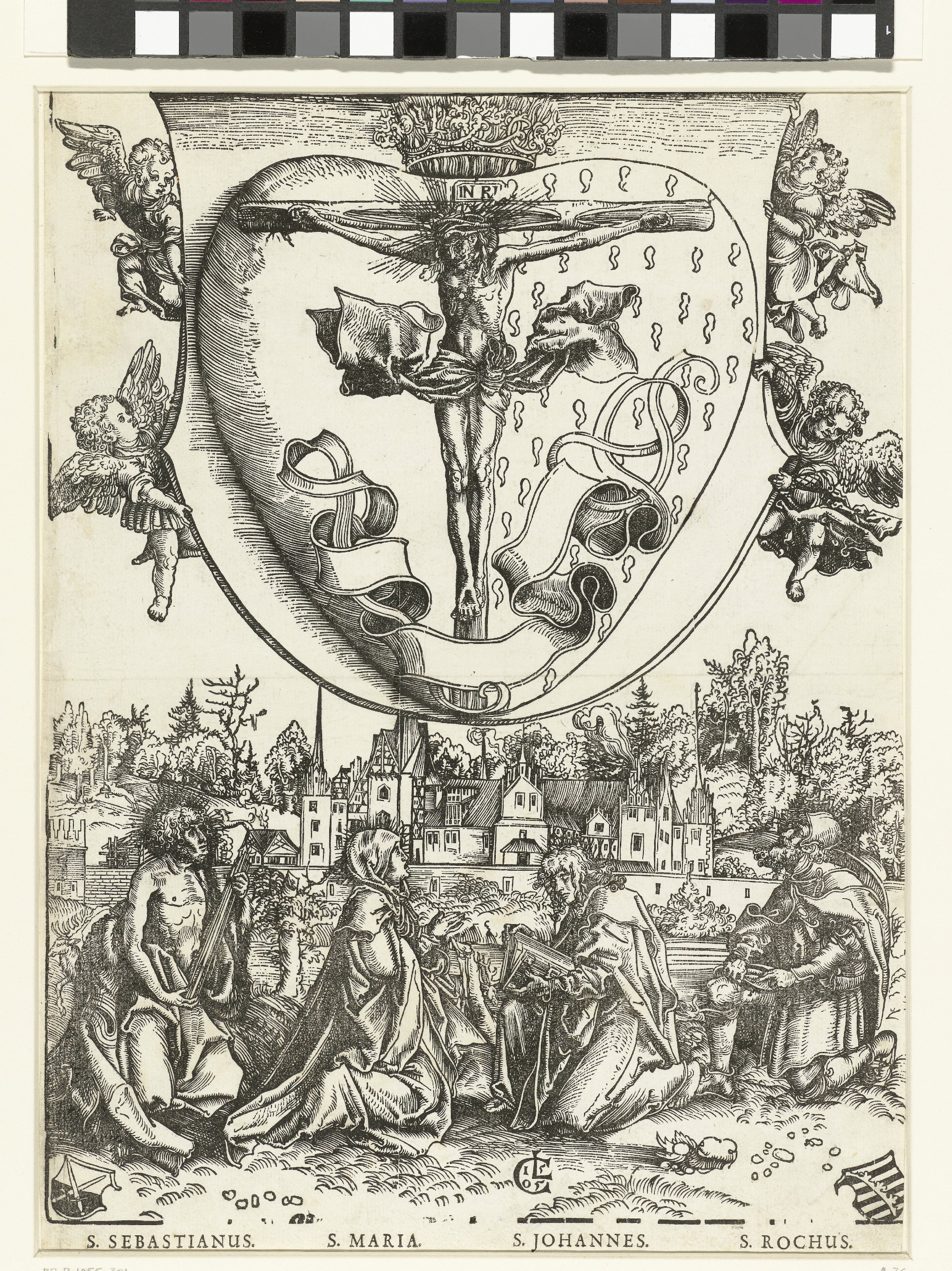 Maria en Johannes de Evangelist en Sebastiaan en Rochus aanbidden het Heilig Hart met Christus aan het kruis