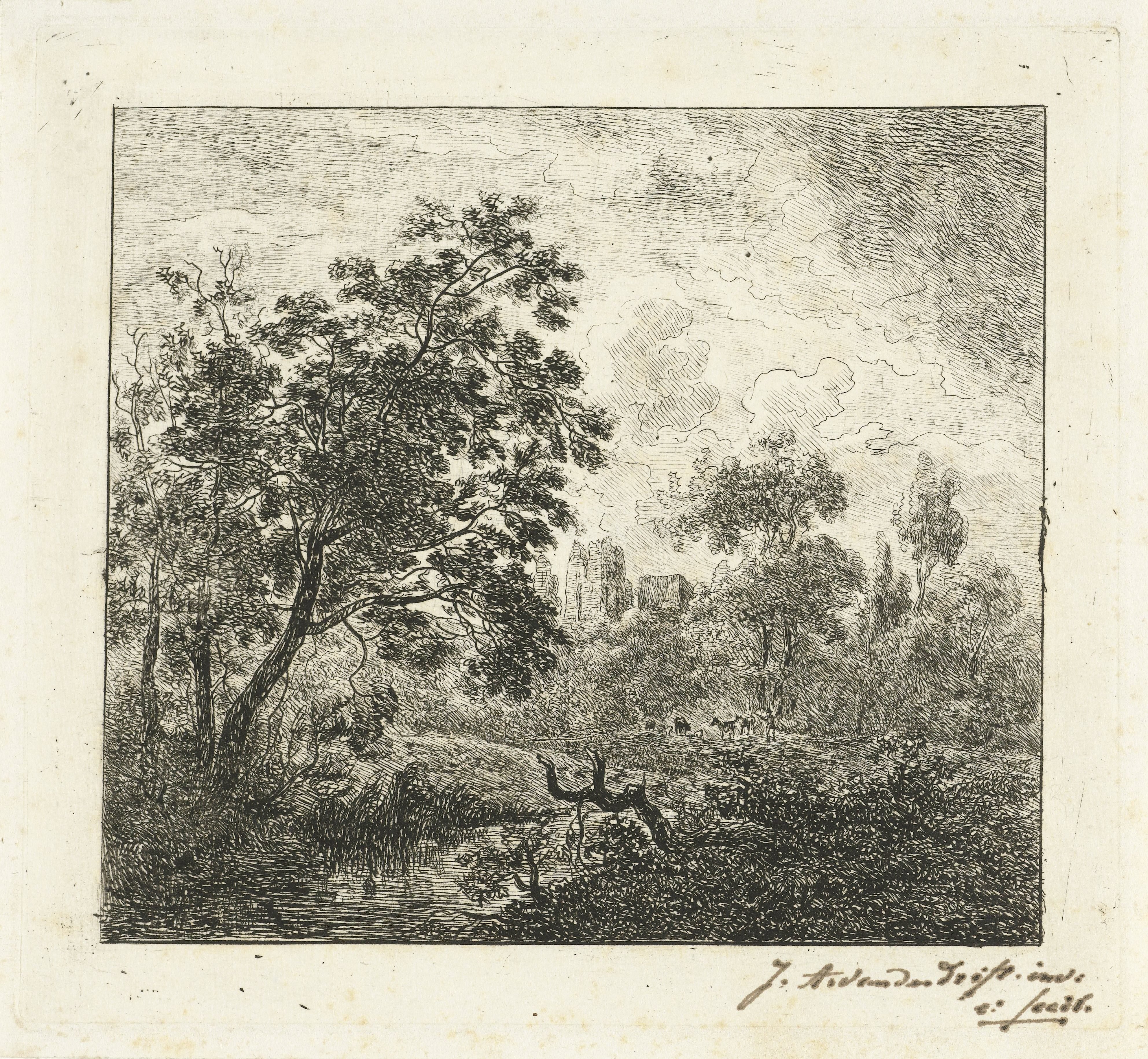 Landschap met een rivier en een boomstronk